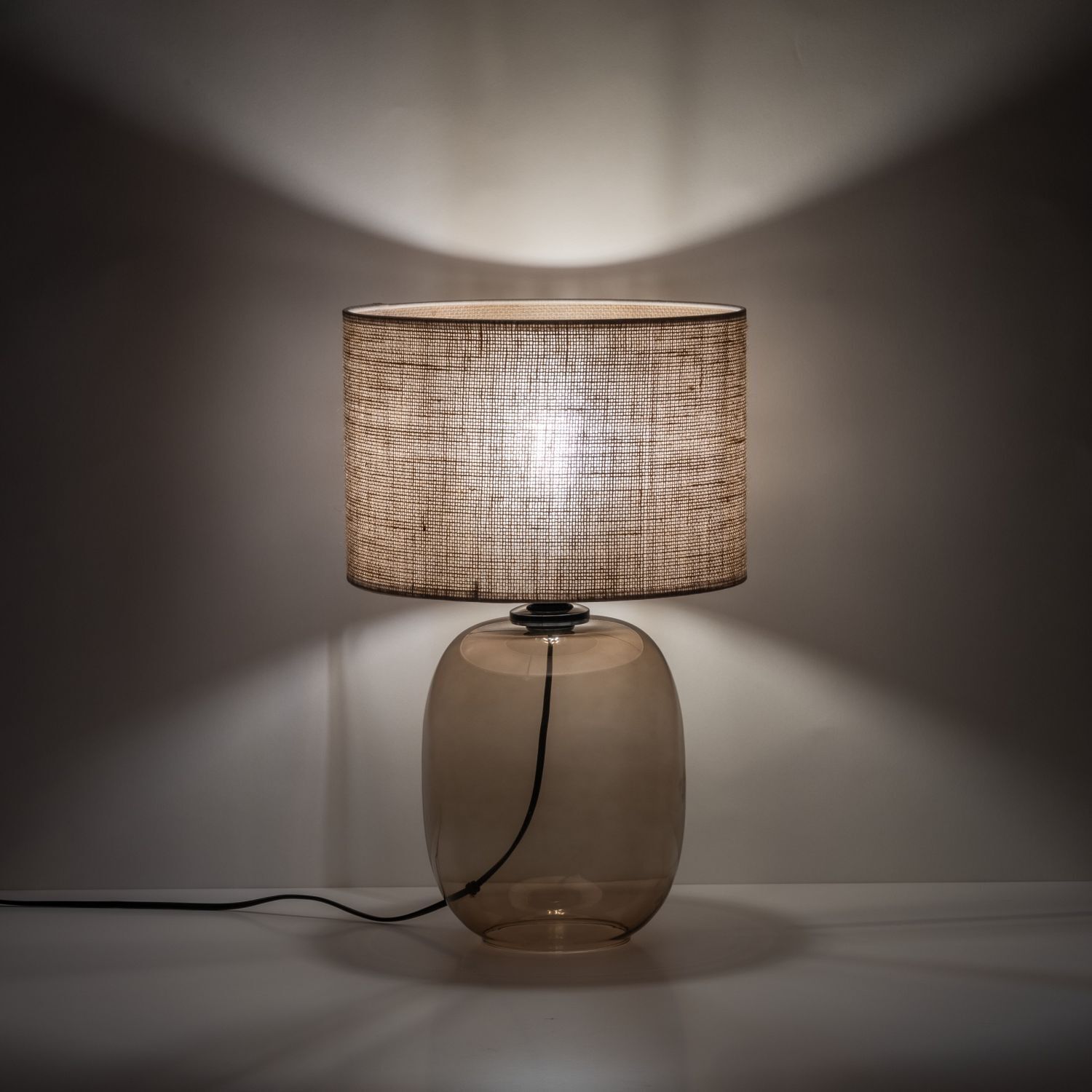 Tischleuchte Rauchglas Stoff Braun H: 48 cm Ø 30 cm E27 Lampe, Lampenschirm