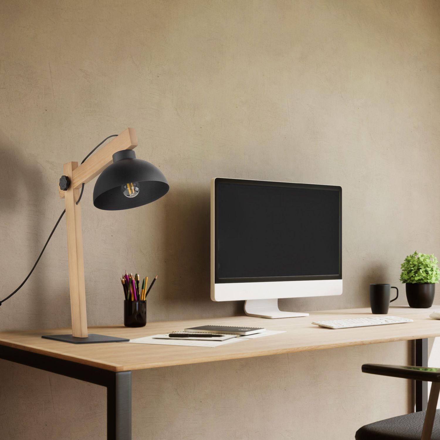 Schreibtisch, Computer-Monitor, Schreibtischlampe, Tischorganizer, Pflanze