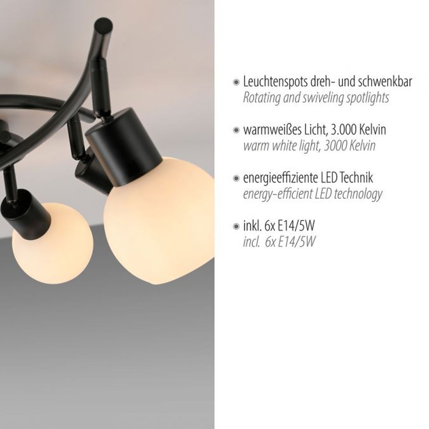 Spot de plafond verre métal 6 flammes incl E14 5 W flexible Spot de plafond verre métal 6 flammes incl E14 5 W flexible