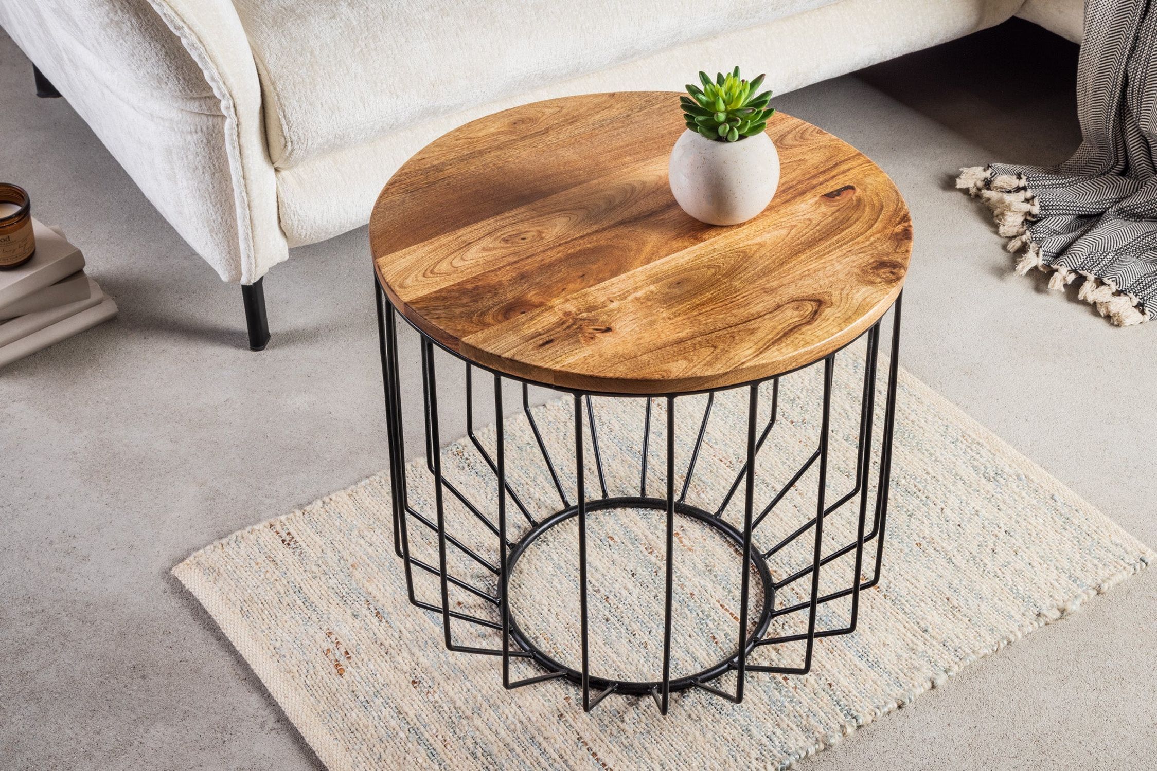 Table basse mangue bois métal Ø 50 cm ronde