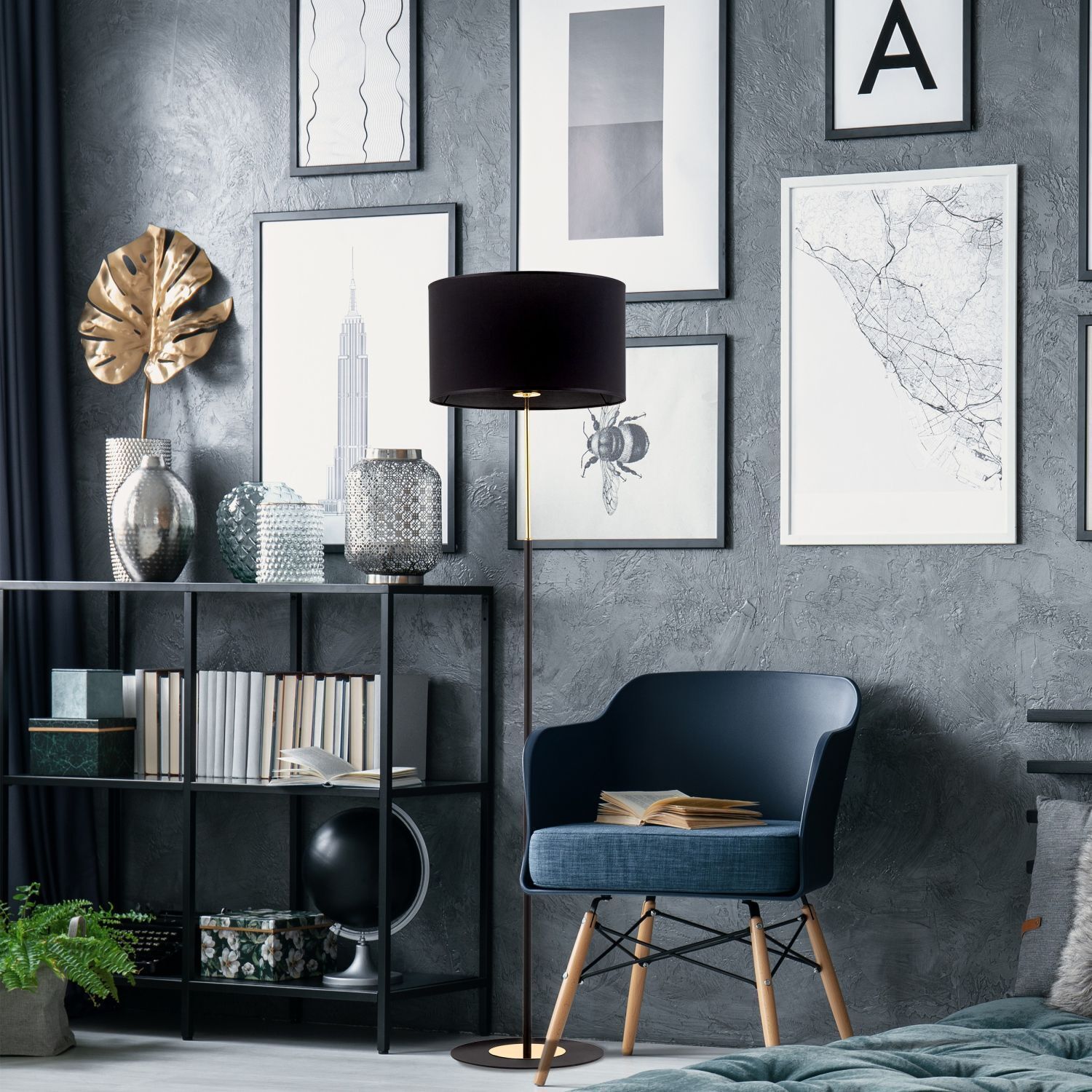 Stehleuchte Stoffschirm Metall E27 150 cm Schwarz Gold Wohnzimmer, Sessel, Stehlampe, Bücherregal, Wandbilder