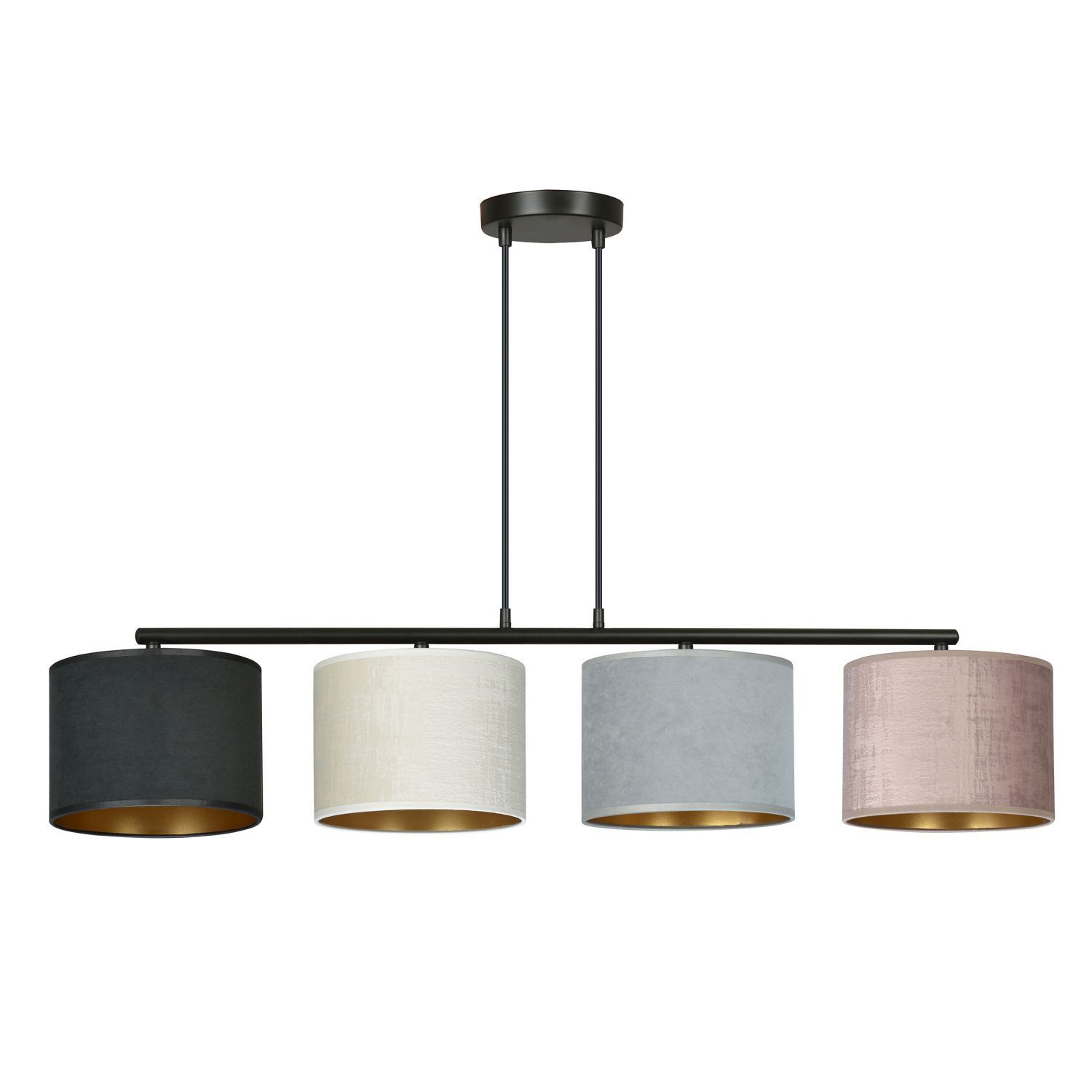 haengelampe-pendelleuchte-gold-wohnzimmerlampe-cyril-4x-e27-bis-15w-schwarz-grau-rosa-weiss-gold-le111045-01 hängelampe, deckenleuchte, 4 pendel, stoffschirm, mehrfarbig
