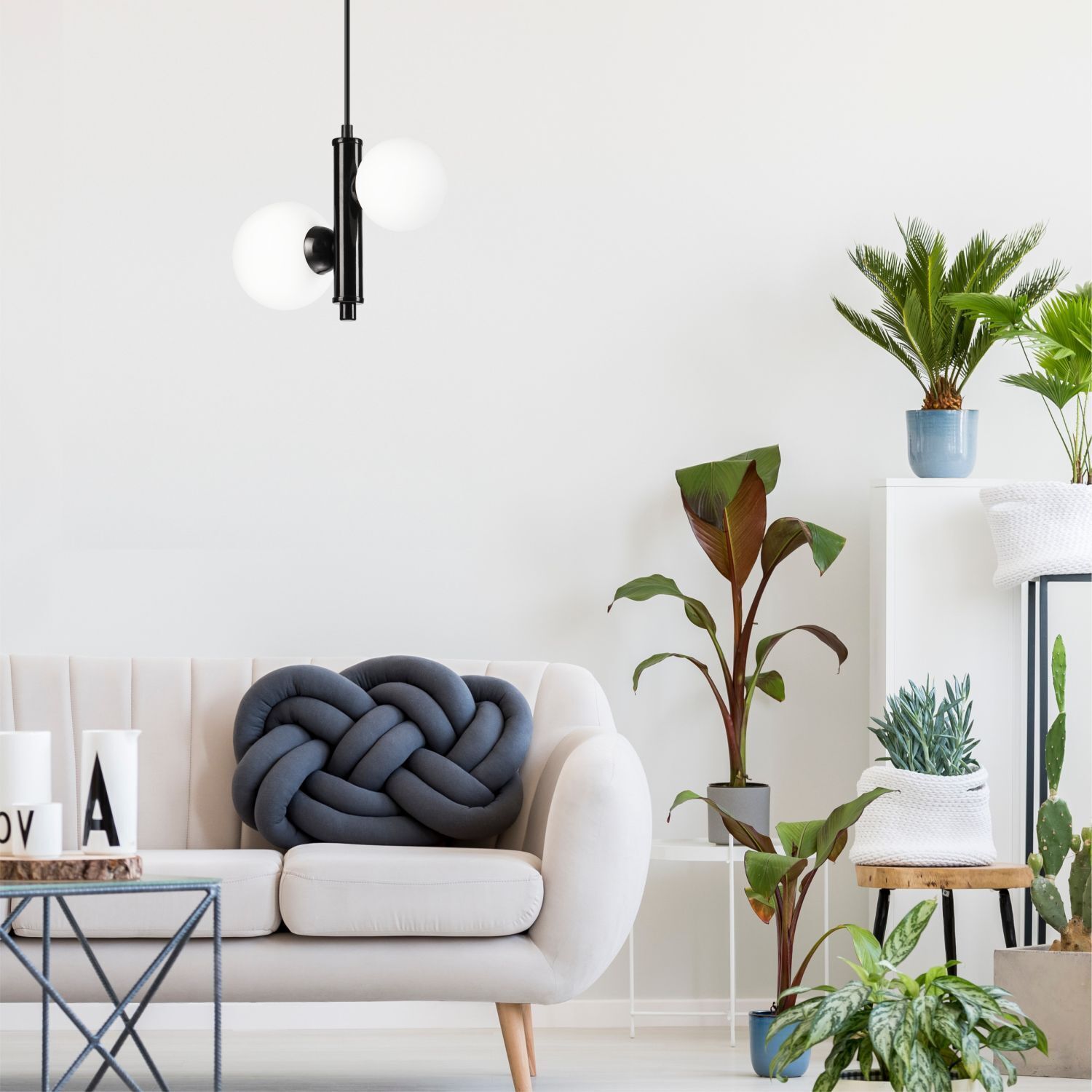 Lampe à suspendre métal verre noir blanc 2x E27 Abat-jour sphérique