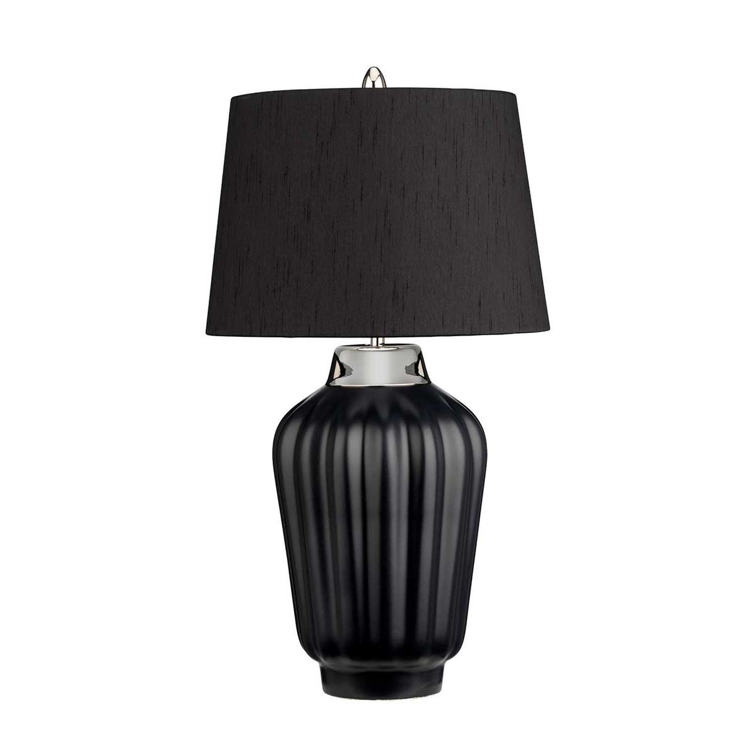 Tischlampe, Laterne-Design, schwarz, Keramik-Glas, Schirm aus Stoff