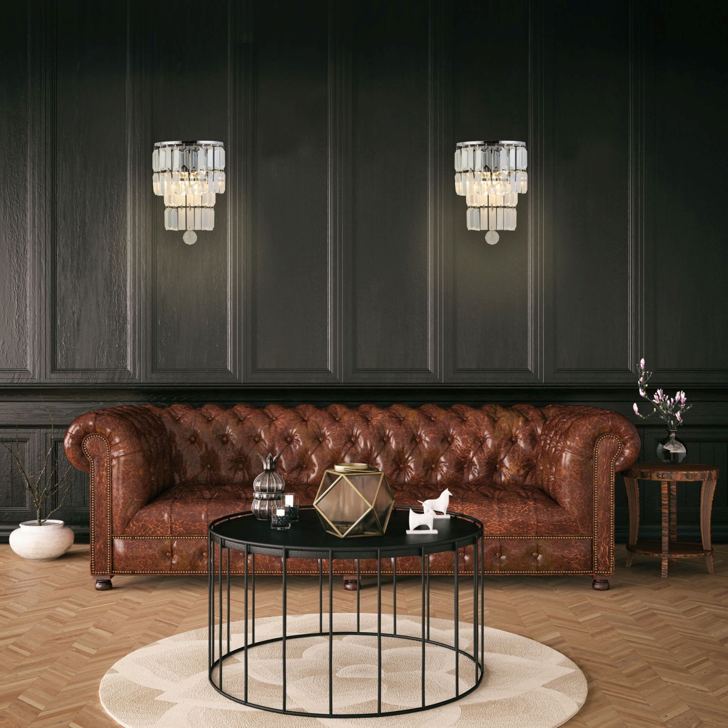 Wandlampe Glas Metall Modern H:30 cm E14 IP44 in Chrom Sofa, Leder, Chesterfield, braun, Wohnzimmer