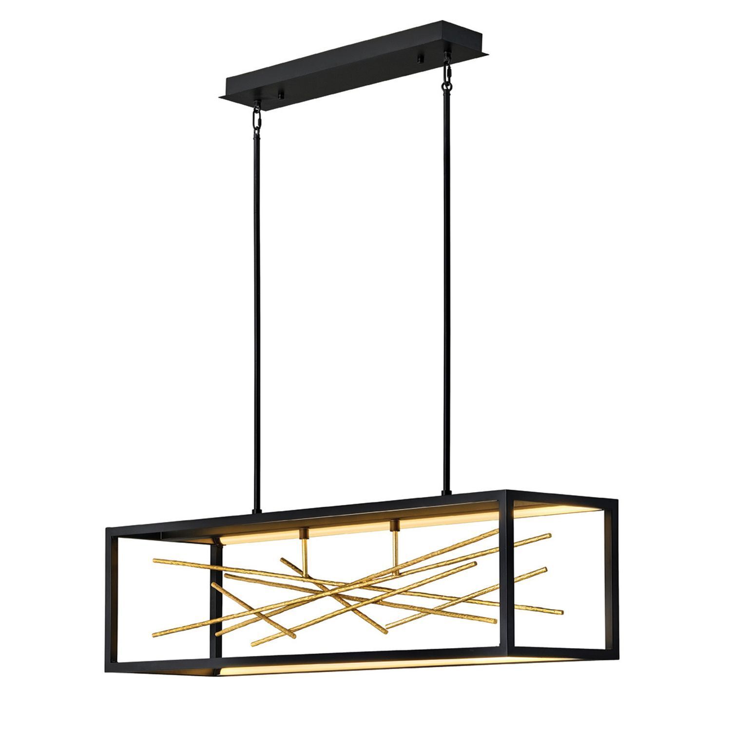 pendant light, linear chandelier, geometric frame, gold accents, black finish