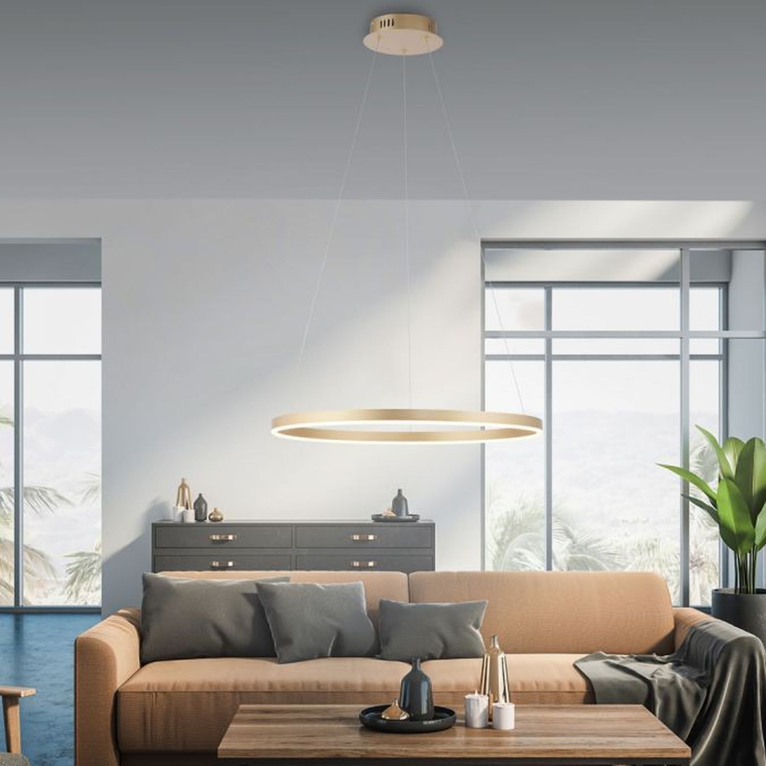 Dimmbare LED Pendelleuchte Ø58,5 cm 3000 K in Messing Couch, Innenarchitektur, Wohnzimmer, Lampe, Dekoration für Zuhause