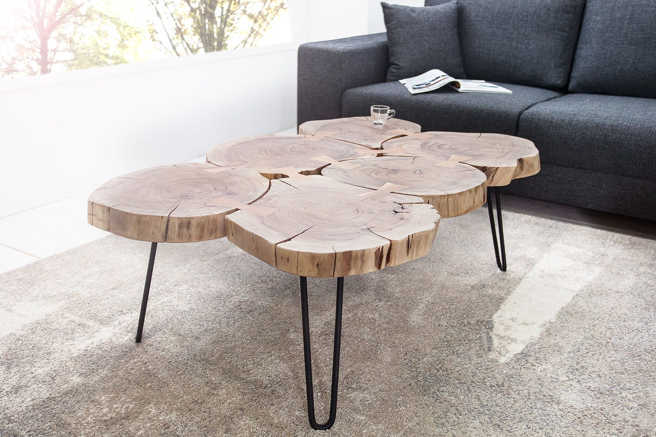 Table basse en bois d'acacia métal 110 x 70 cm Rondelles d'arbre Moebel, Tabelle, Tischplatte, Kaffeetisch, Holz