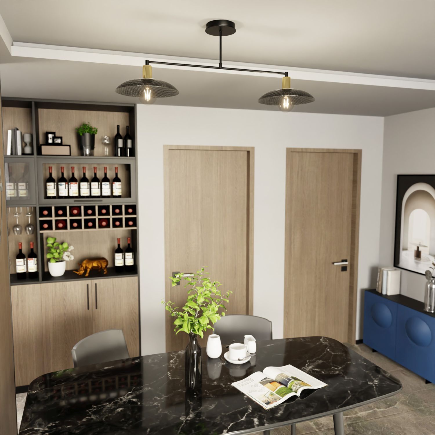 Plafonnier métal 100 cm de long noir or E27 2 flammes Drinnen, Innenarchitektur, Esstisch, Tisch, Esszimmer