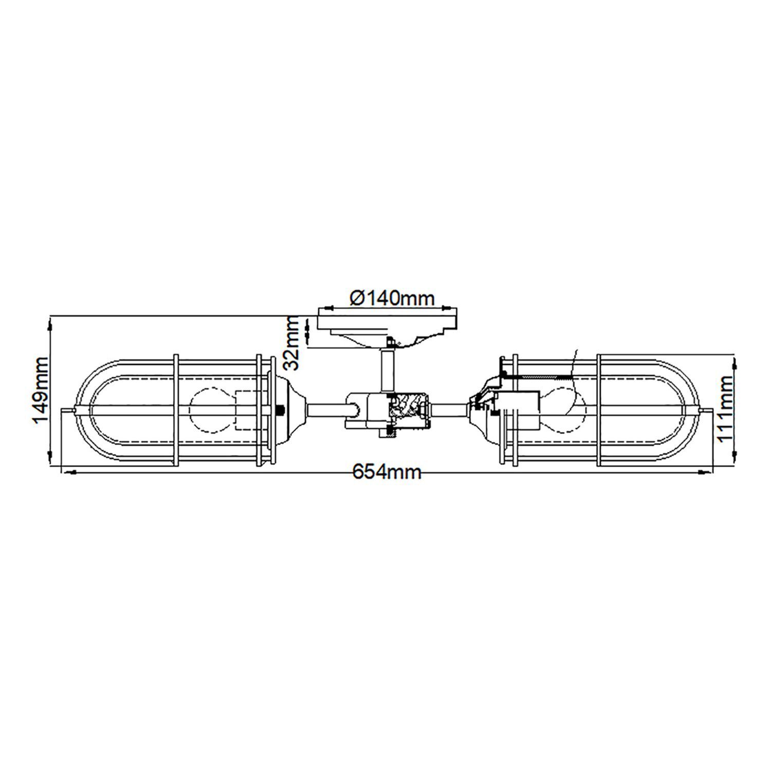 Plafonnier salle de bain IP44 L : 65,4 cm 3x E27 métal verre vintage CAD-Diagramm, Diagramm
