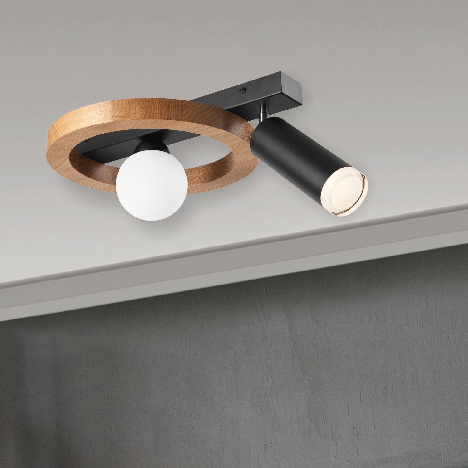 Deckenleuchte, Spotlight, Holzring, E27, Schwarz