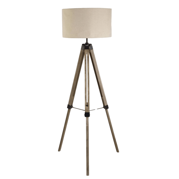 Stehleuchte, Tripod, Beige Lampenschirm, Holzlook, Fußstütze