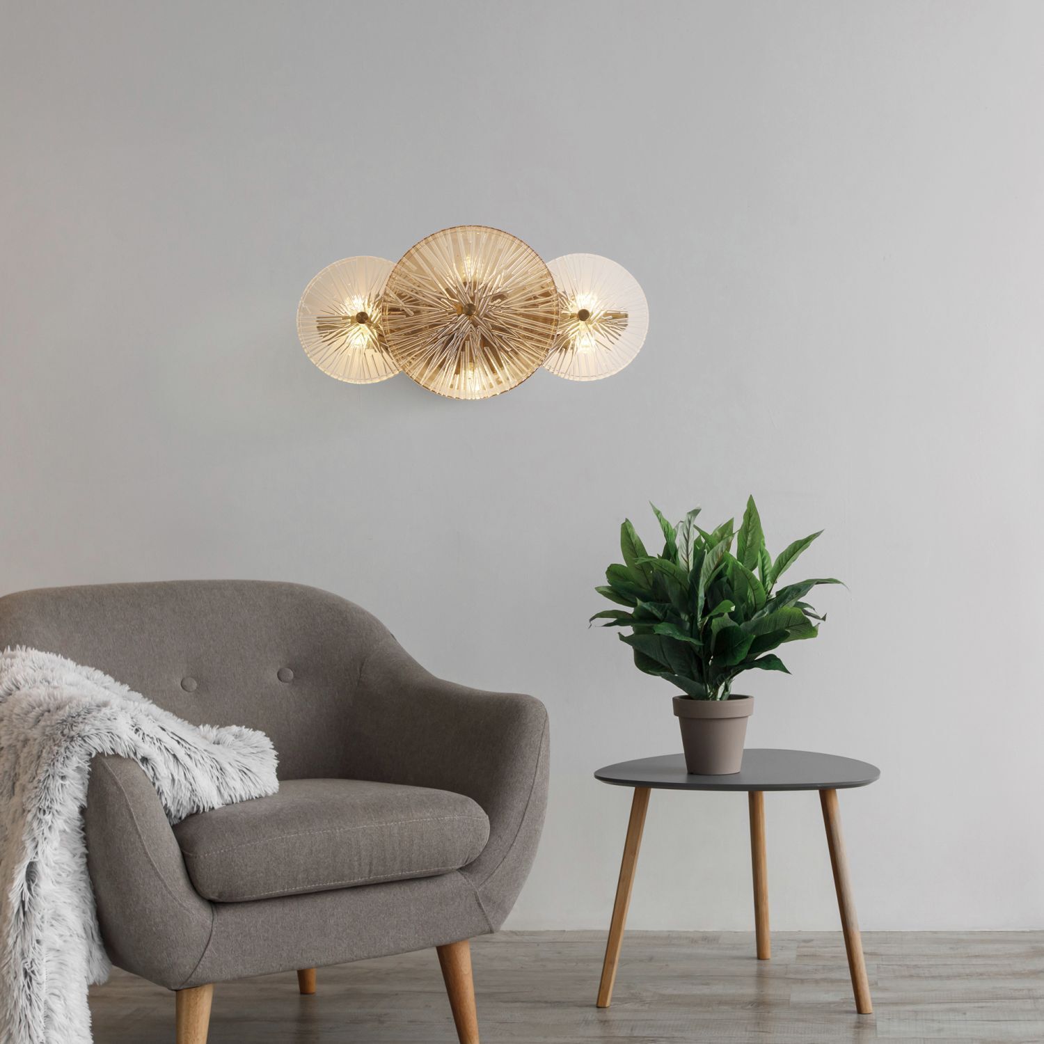 Lampe de plafond métal verre L : 40 cm en laiton ambre clair