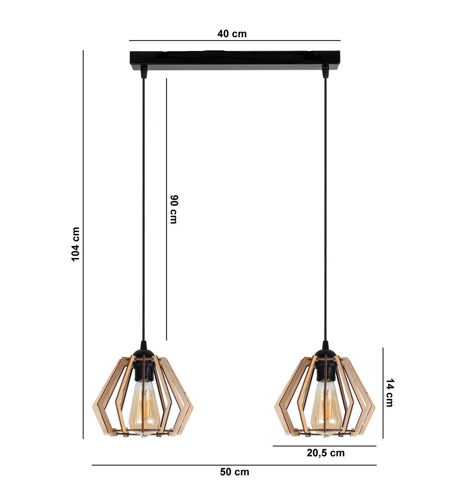 Dekorative Hängelampe Holz E27 2-flammig 50 cm lang