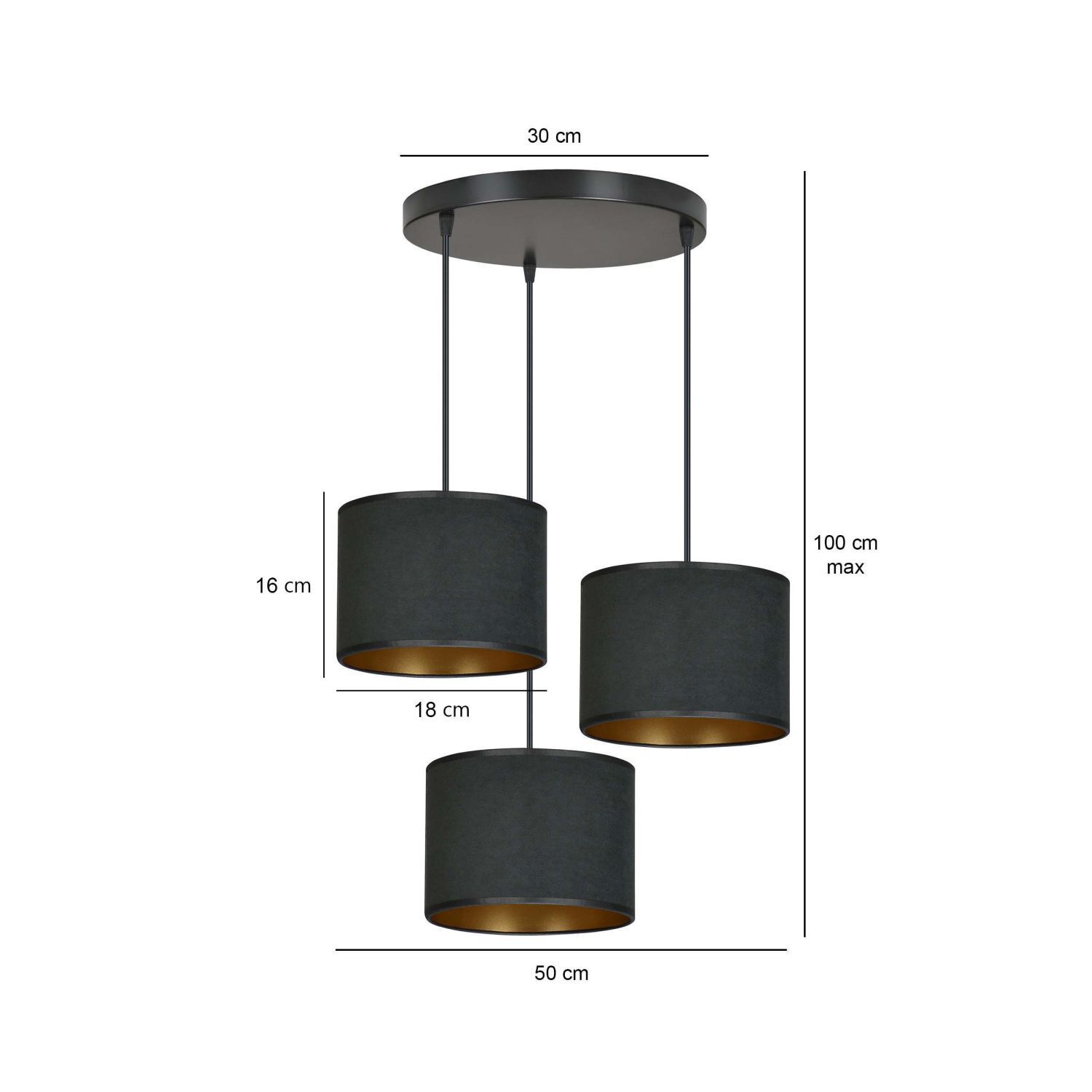 Lampe à suspendre 3 flammes tissu métal noir or E27