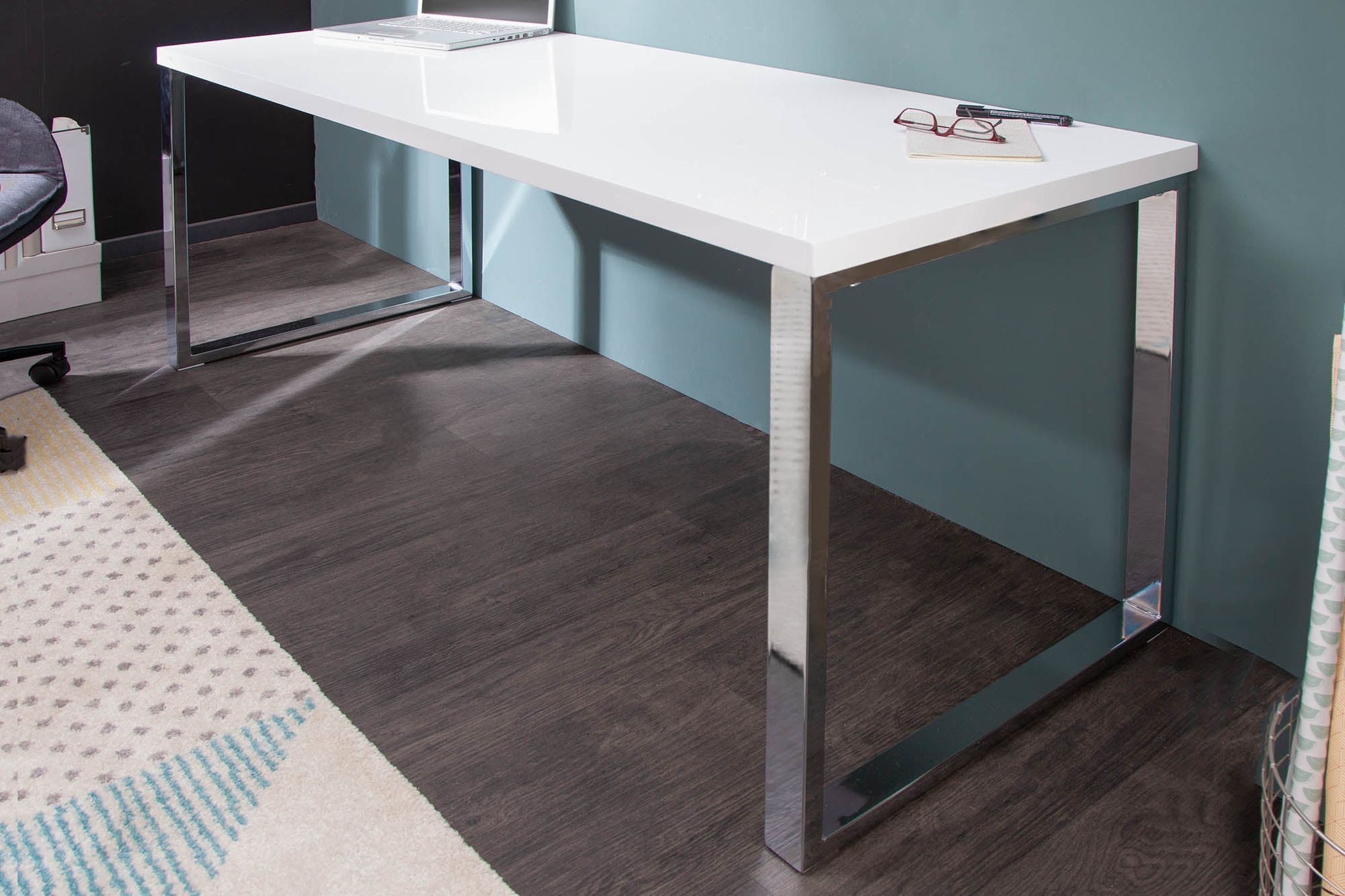 Bureau blanc brillant chromé 160 x 75 cm