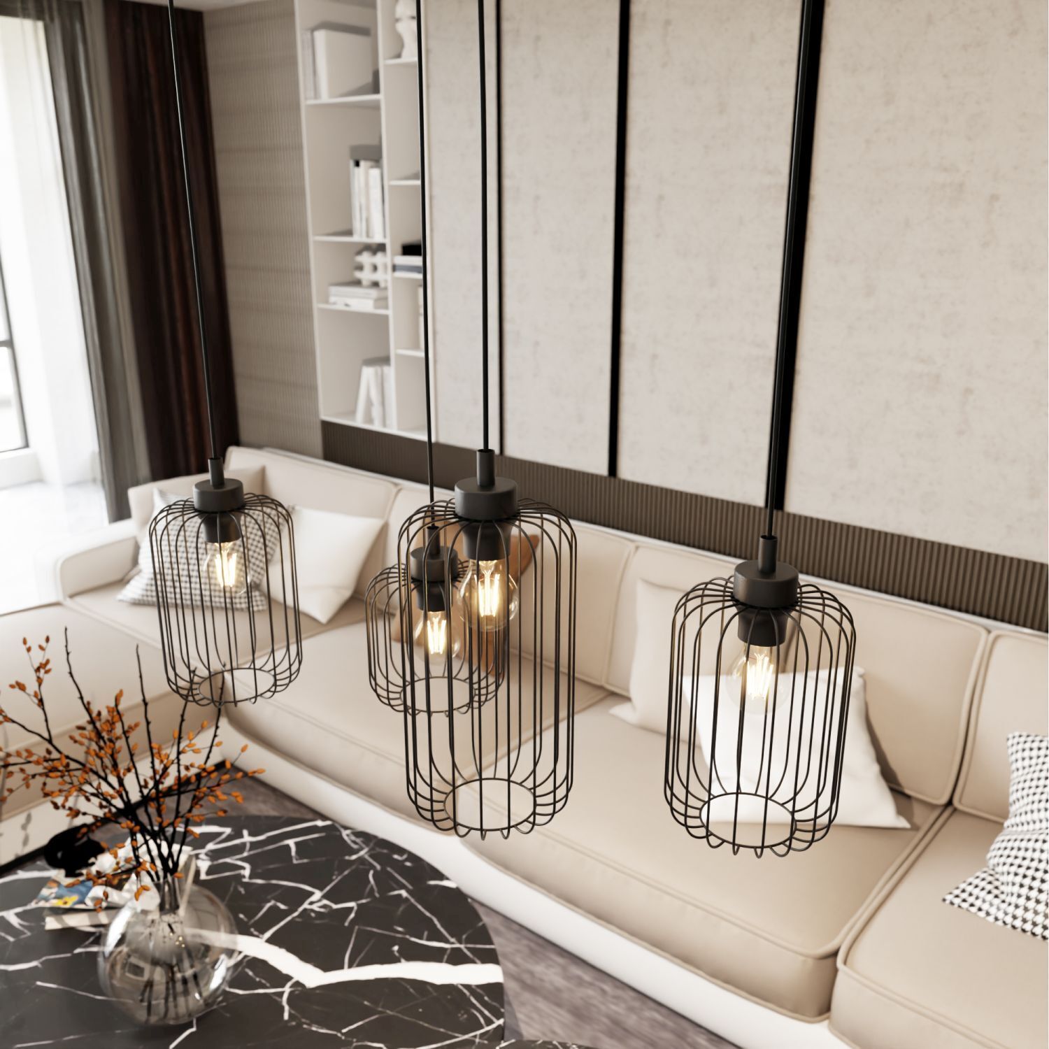 Lampe à suspendre décorative noire métal 70 cm 4 flammes Dekoration für Zuhause, Drinnen, Wohnzimmer, Zimmer, Lampe