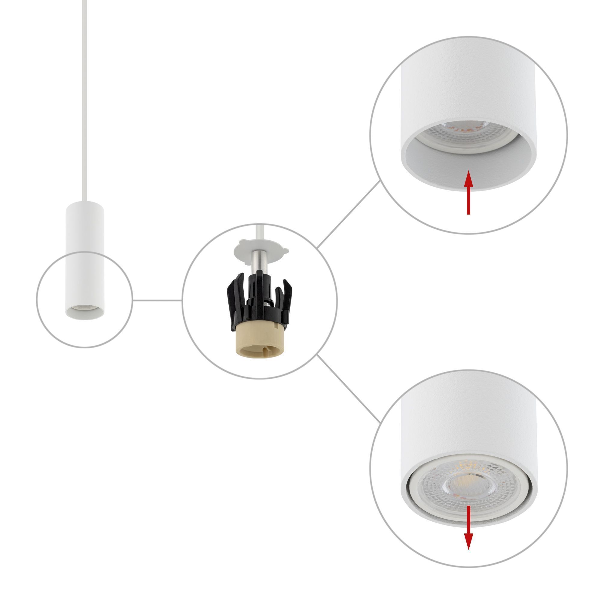 pendant light, ceiling fixture, adjustable spotlight, white cylindrical, spotlight head