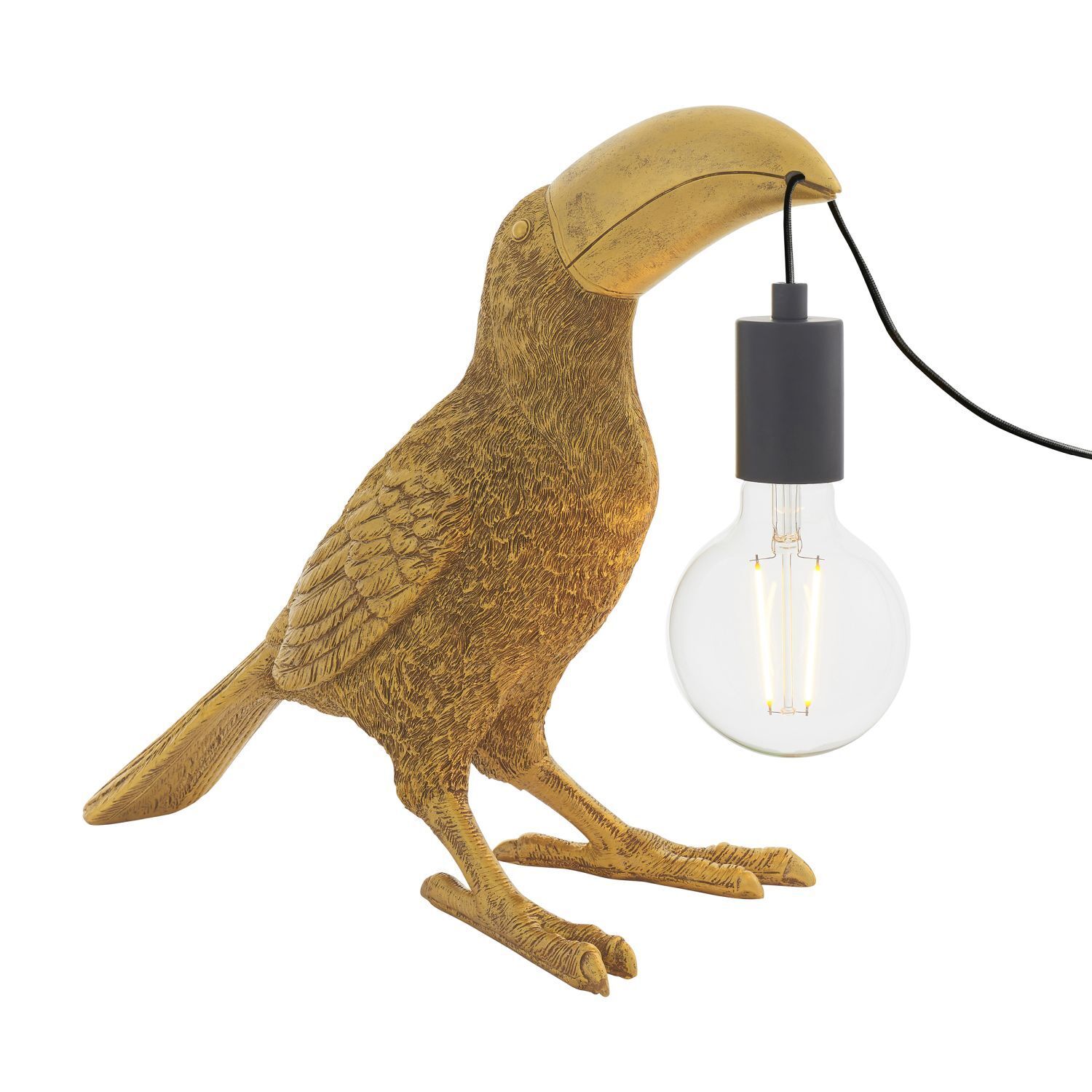 Tischlampe klein in Gold antik Tukan aus Polyresin Metall E27