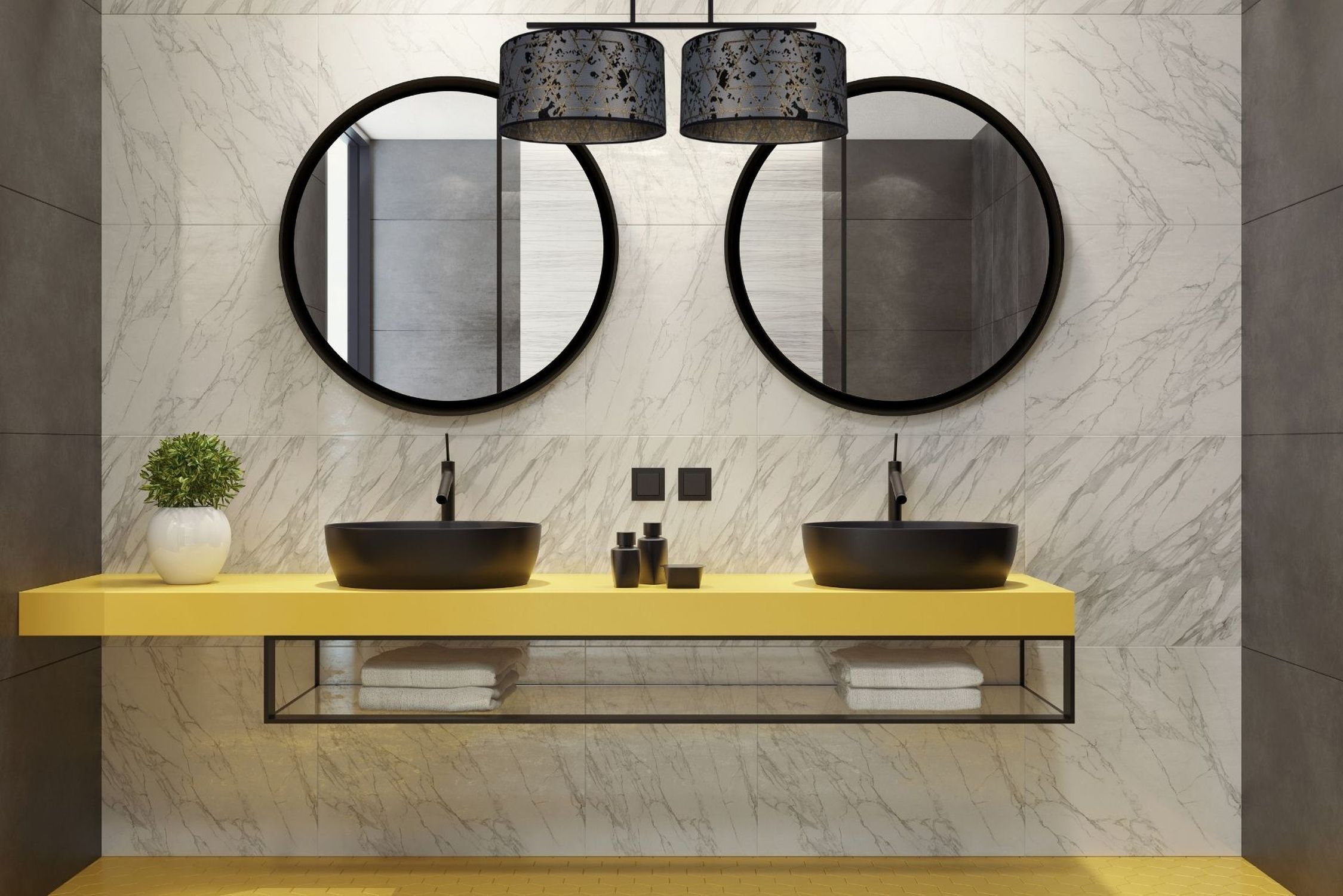 Badezähler, Doppel-Waschtisch, Spiegelrunde, Waschplatz, Gelb Arbeitsplatte