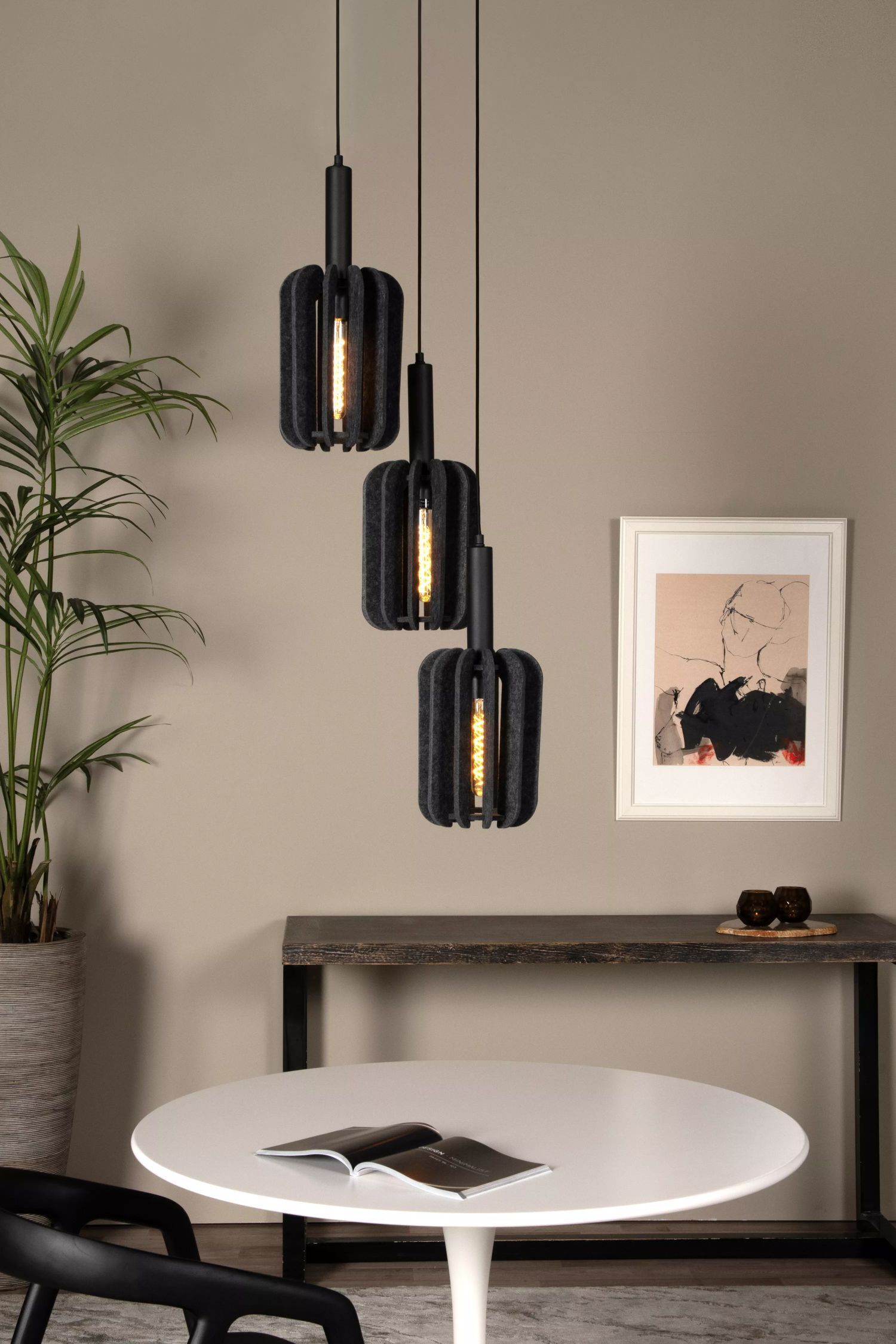 Hängelampe Filz Metall Grau Schwarz E27 B:50 cm 3-flmg Lampe, Buch, Veröffentlichung, Pflanze