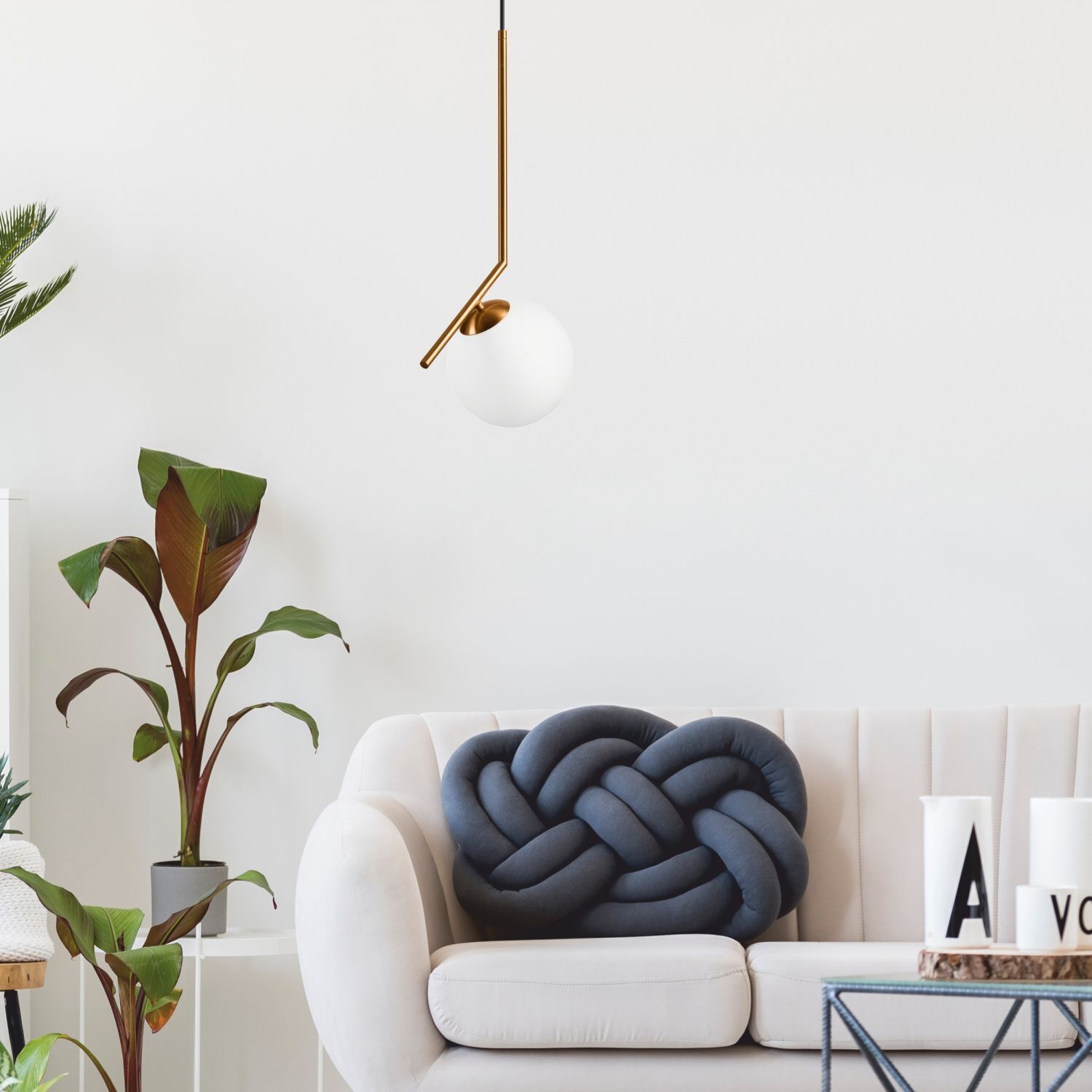 Suspension boule de verre métal en laiton blanc Ø30 cm Drinnen, Innenarchitektur, Pflanze, Knoten