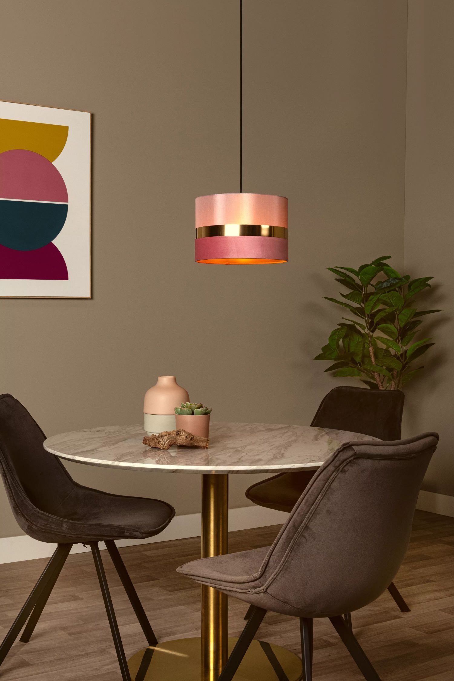Stilvolle Pendelleuchte Stoff Pink Gold E27 Ø30 cm rund Esstisch, Tisch, Esszimmer, Lampe, Tischplatte