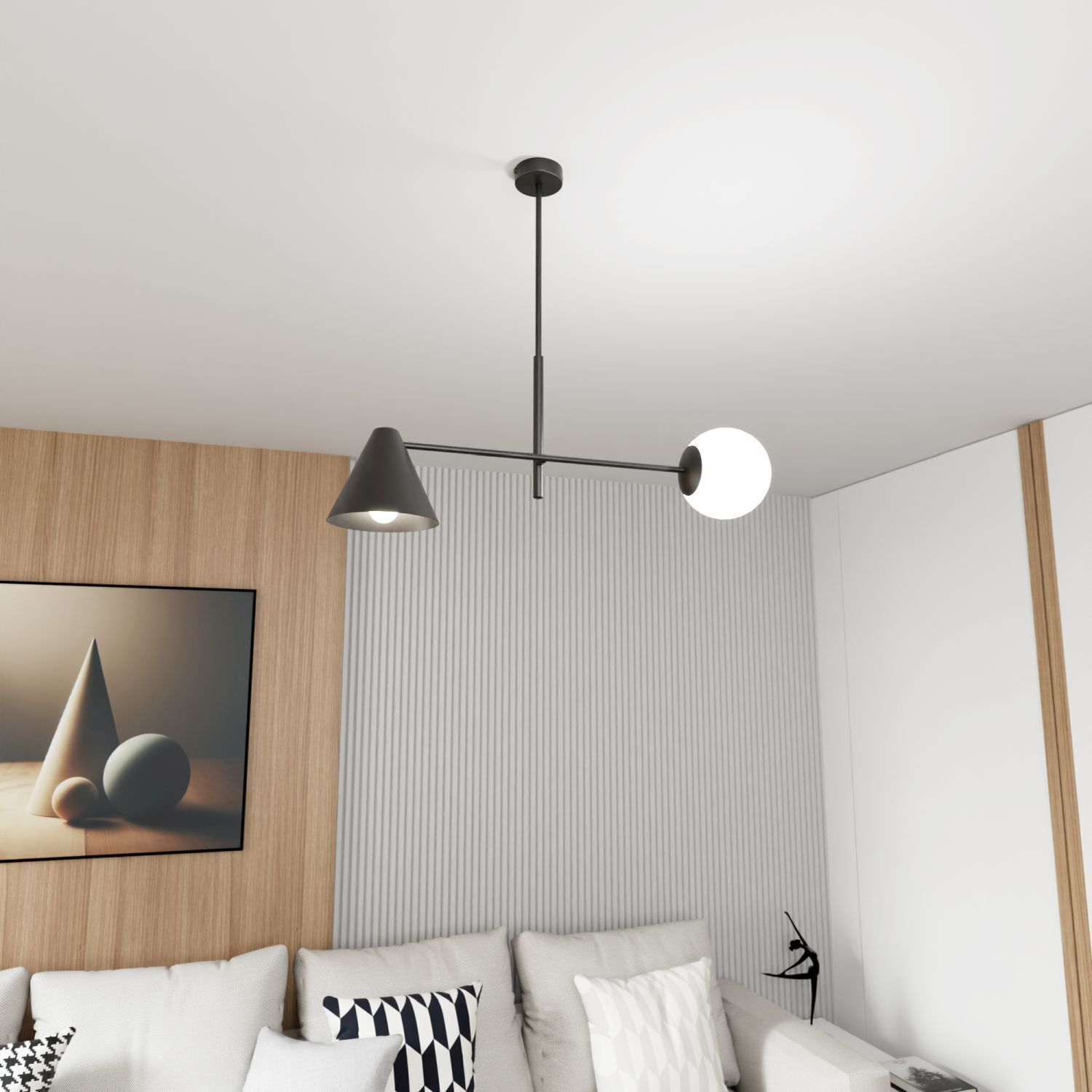pendant light, ceiling light, black metal, white globe, wohnzimmer dekoration