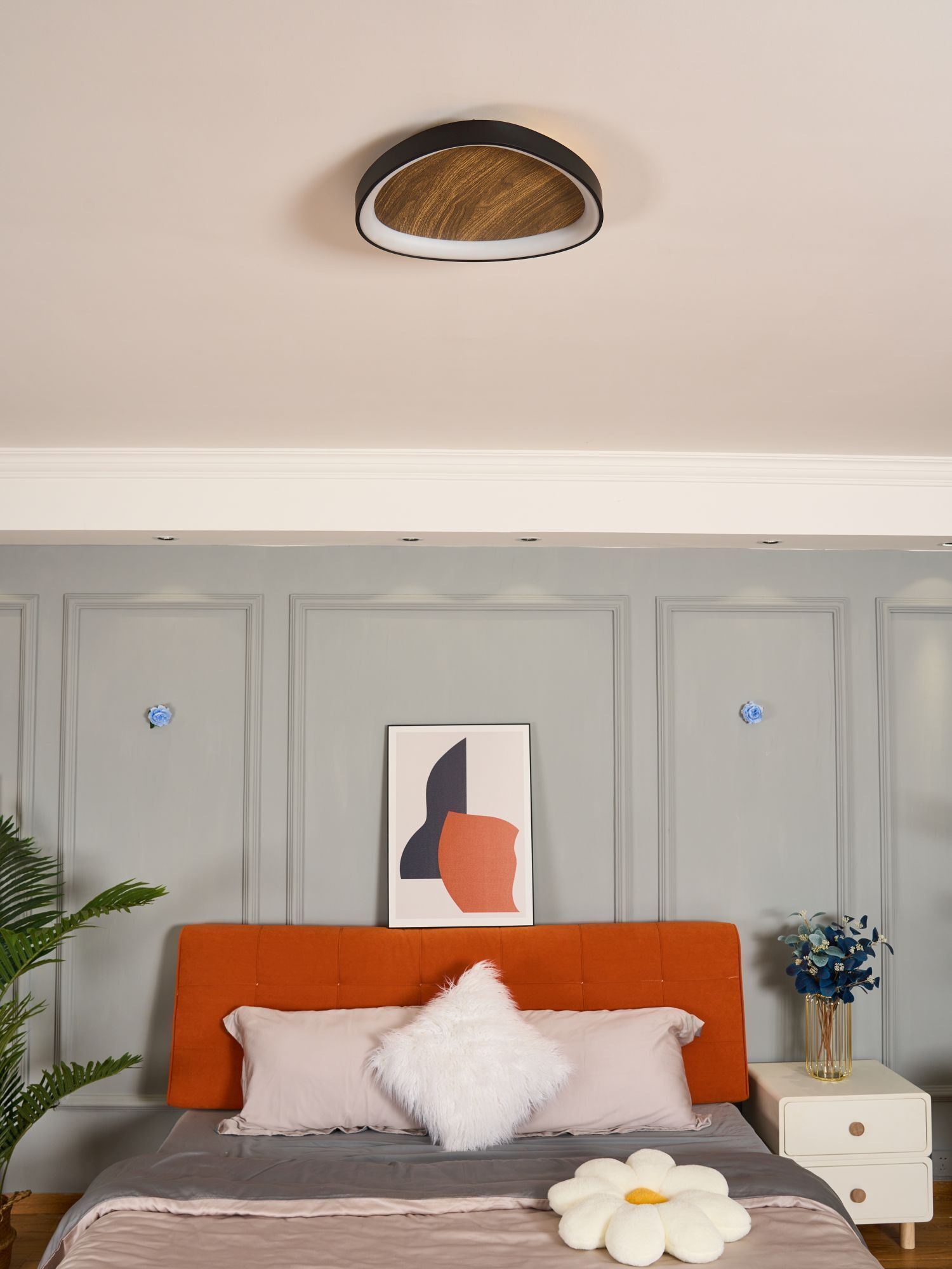 decke, wandpaneel, bett, kopfkissen, lampe