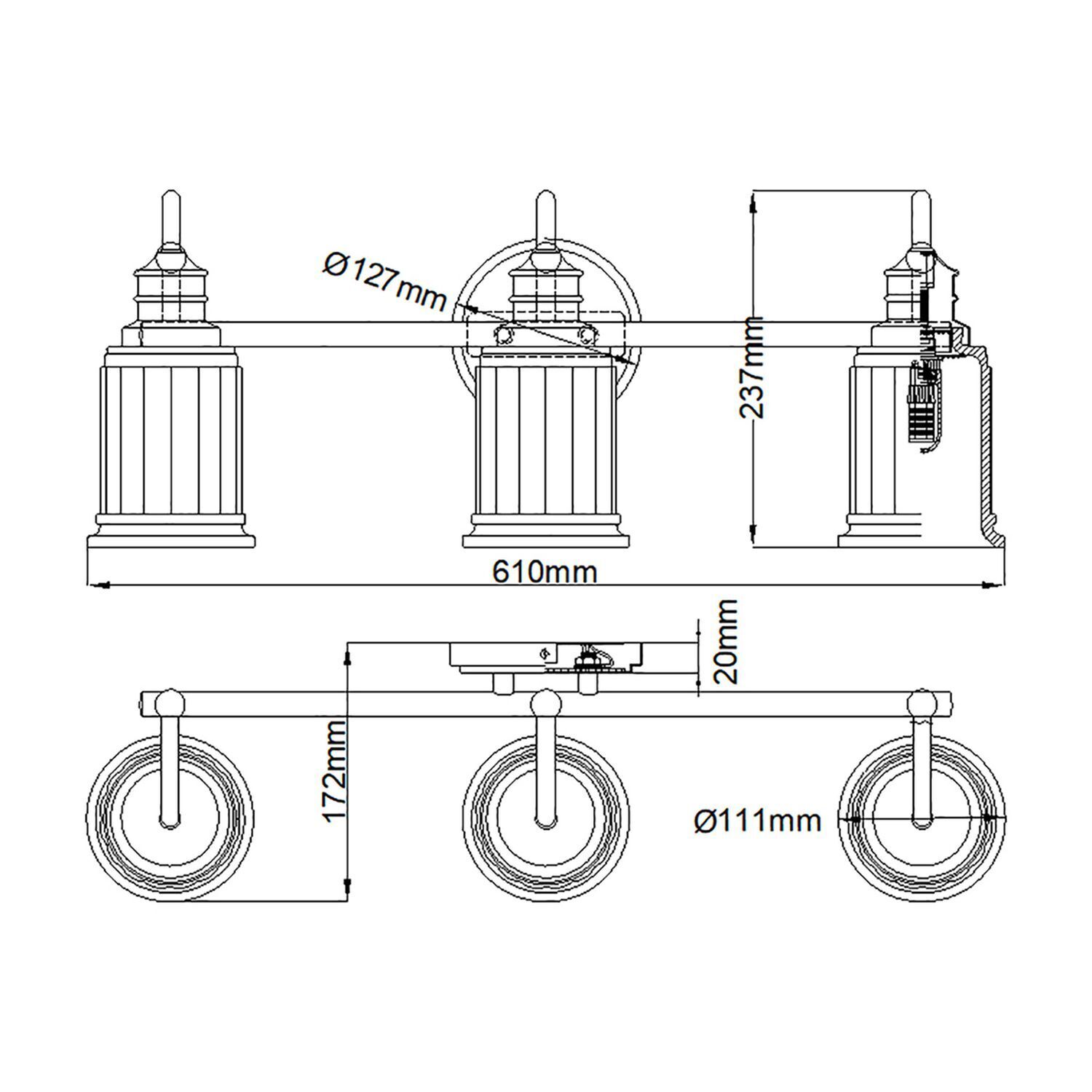 Wandleuchte Badezimmer 61 cm lang mit 3x G9 LED 3000 K CAD-Diagramm, Diagramm, Handlung