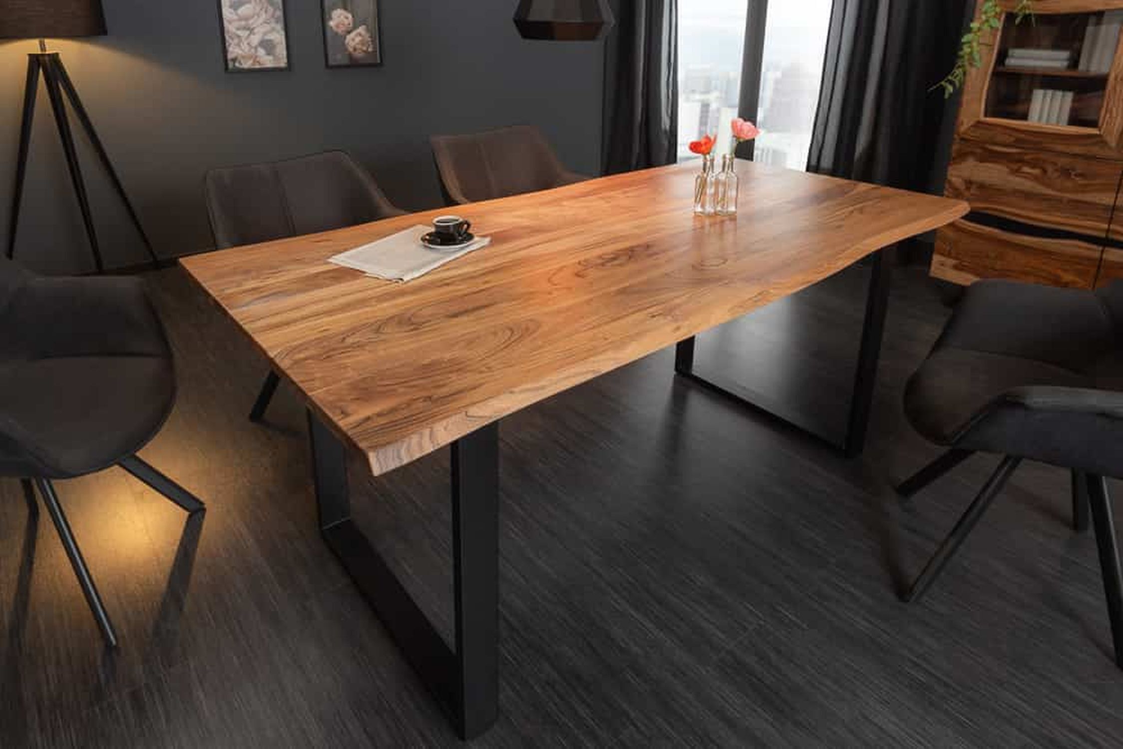 Table de salle à manger en bois d'acacia et métal avec arête d'arbre 180 x 90 cm