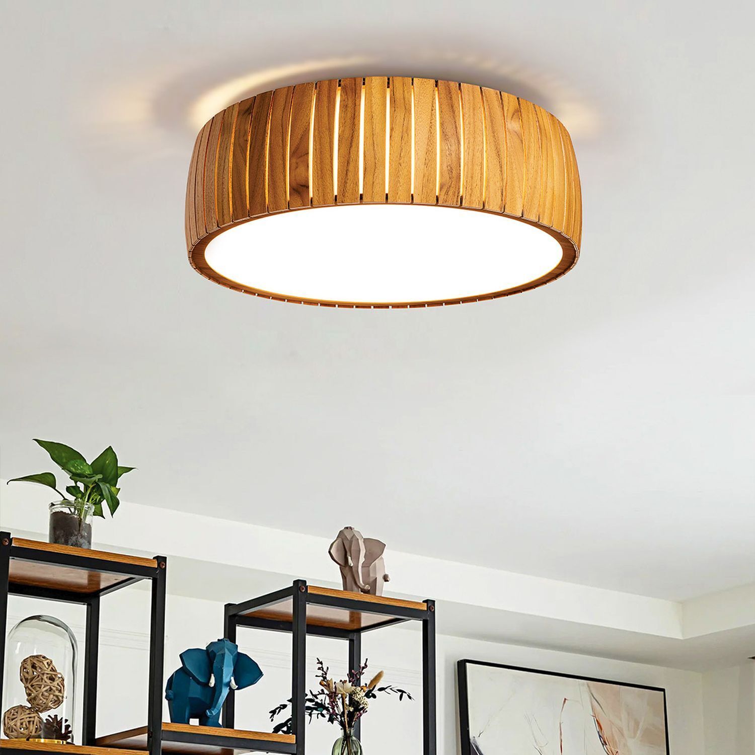 Lampe de plafonnier LED ronde Ø 50 cm placage teck 3000 K Moderne