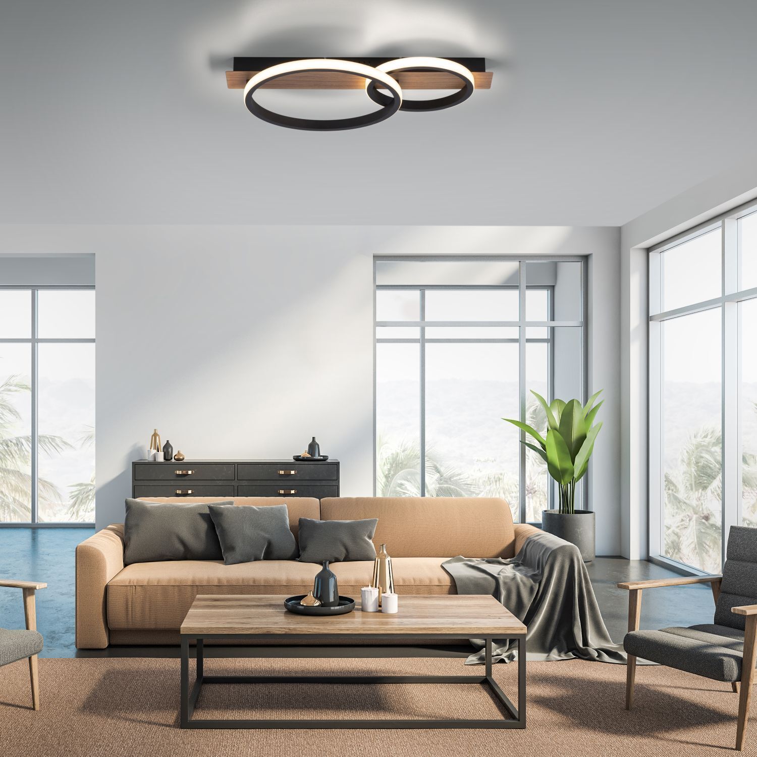 Lampe de plafonnier LED Bois Métal Naturel Noir 53 cm 3200 lm