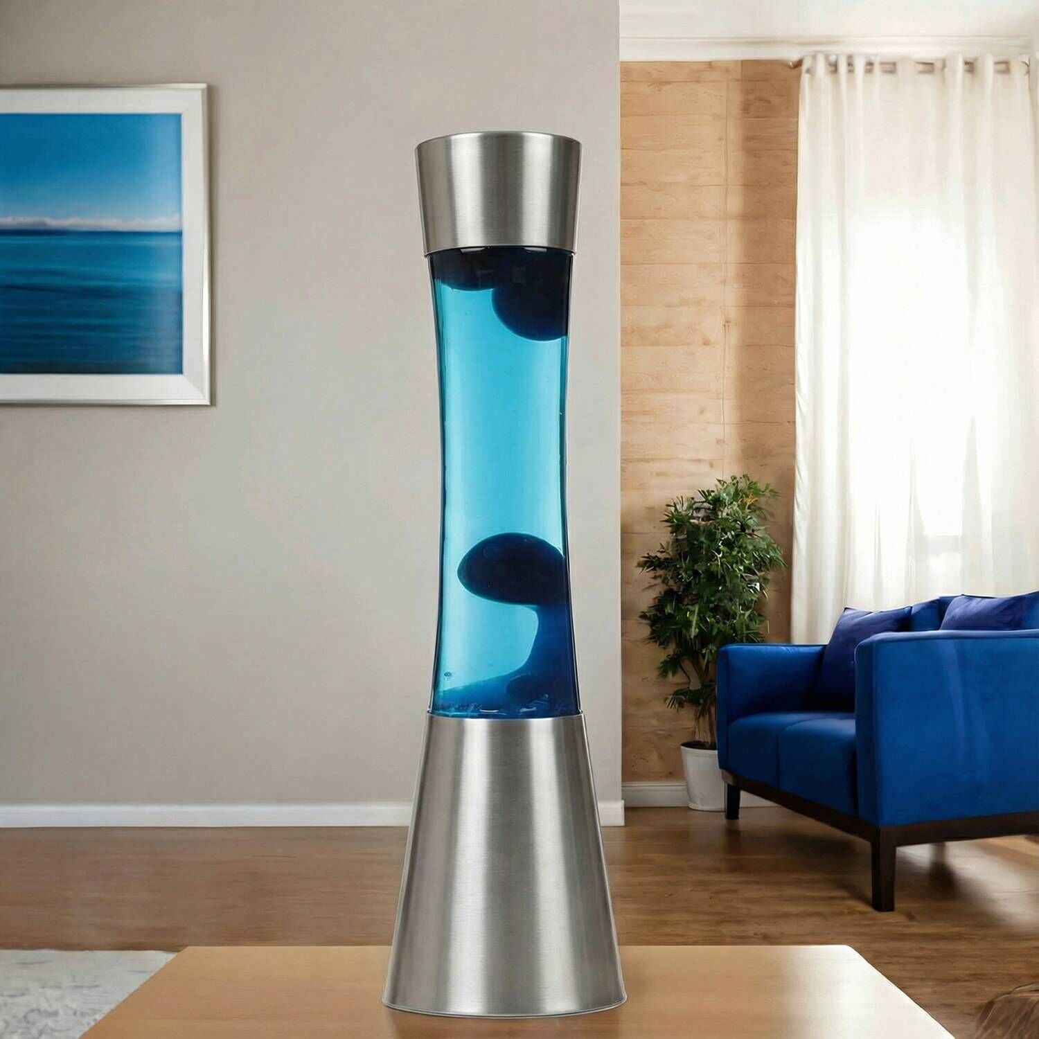 lavalampe-lava-lamp-ringo-silber-chrome-10 lava-lamp, blaues-wachstum?, blue-liquid, metall-basis, glasrohr