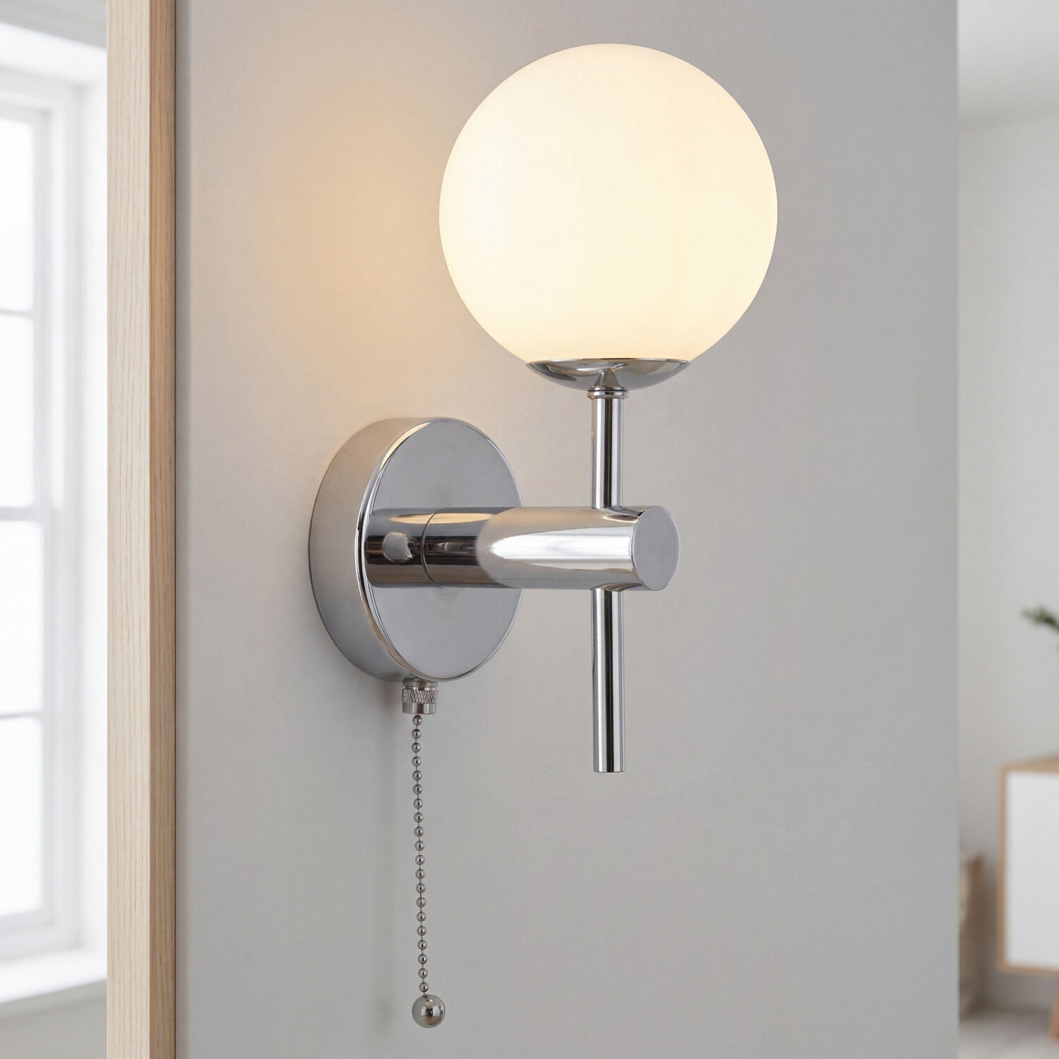wandleuchte-wohnzimmerbeleuchtung-wandlampe-wohnzimmer-fernando-1x-g9-bis-33-w-chrom-weiss-klassisch-mit-schalter-le91460-01 Wandleuchte, Wandlampe, Chrom, Glaskugel, Kette