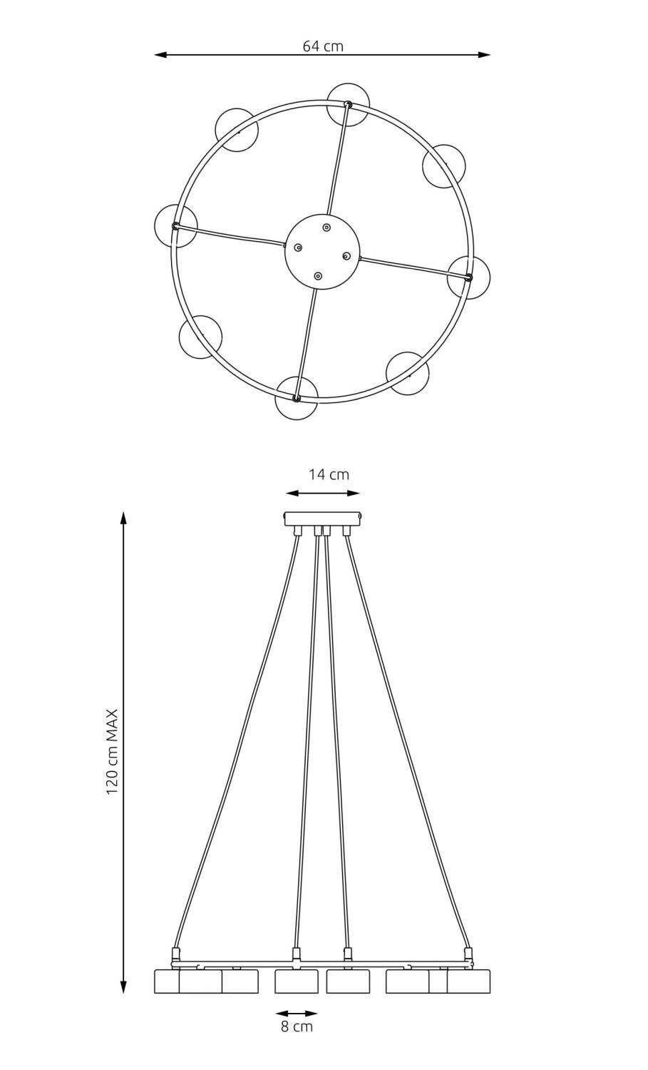 Lampe à suspendre noire à 8 flammes accentuées L:64 cm GX53