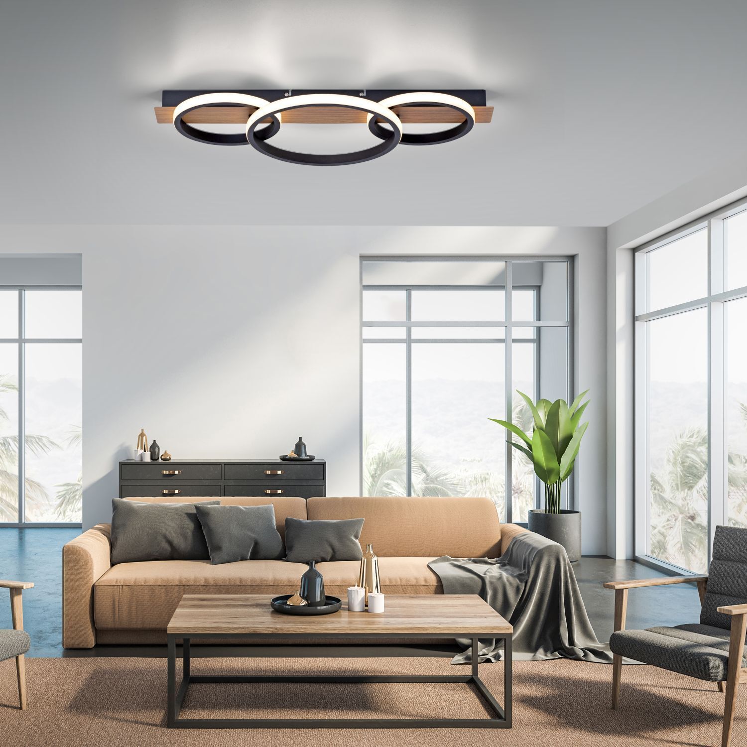 Lampe de plafonnier LED Bois Métal Naturel Noir 68 cm 3000 K