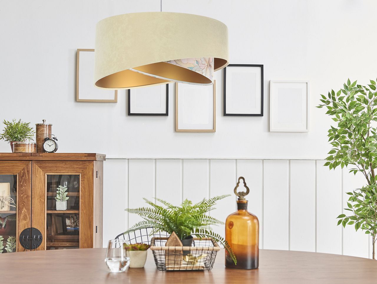 Pendelleuchte rund D: 50 cm E27 Stoff in Beige Creme Gold Drinnen, Innenarchitektur, Lampe, Pflanze, Pflanze im Topf