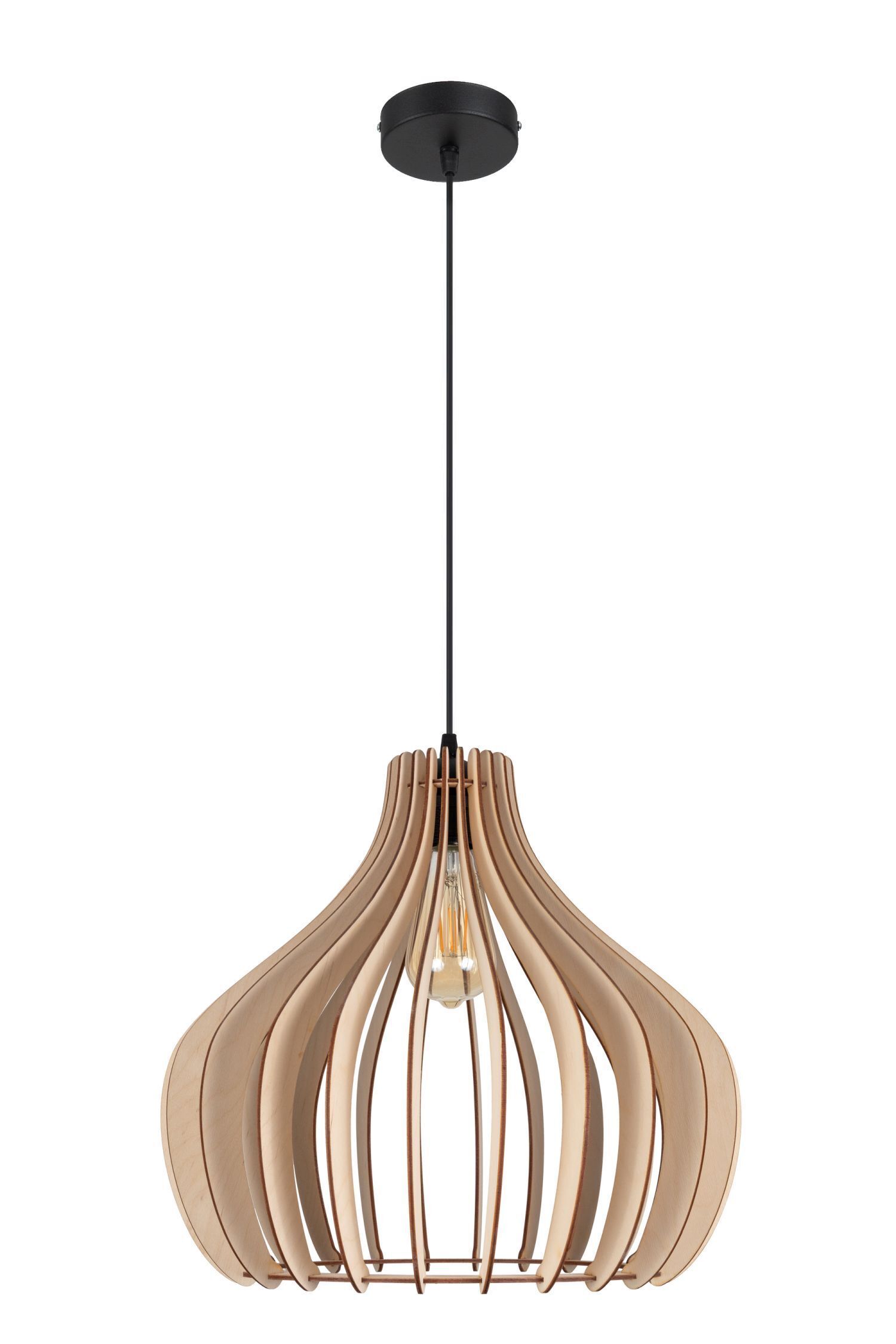 Pendellampe, Holzschlitz, Glühbirne sichtbar, schwarzes Kabel, hängende Lampe