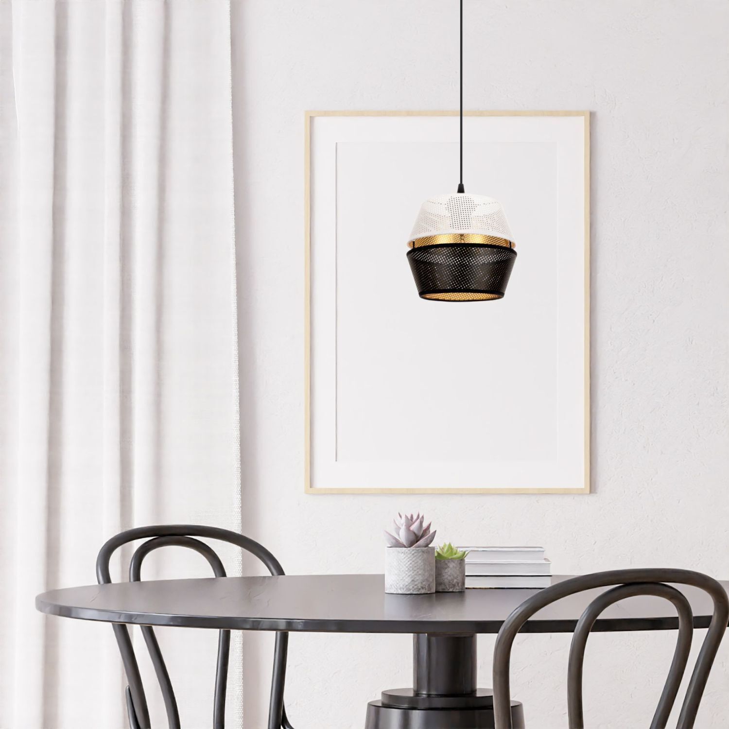 Runde Pendelleuchte Metall Schwarz Weiß Gold E27 Ø20 cm Esstisch, Mobiliar, Tabelle, Esszimmer, Innenarchitektur