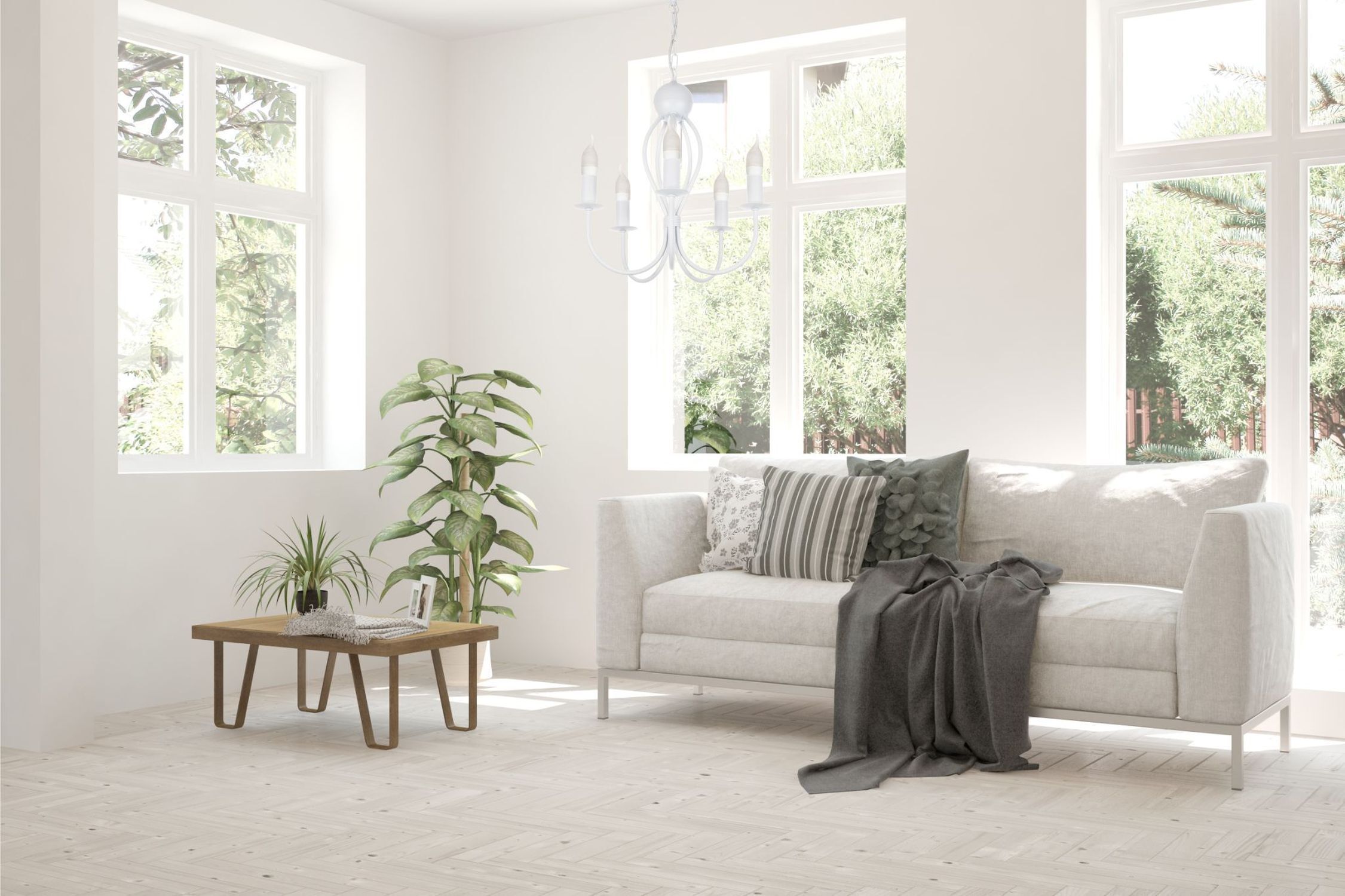 Lustre blanc métal 5 flammes E14 Classique Couch, Pflanze, Fenster, Französisches Fenster, Inneneinrichtung