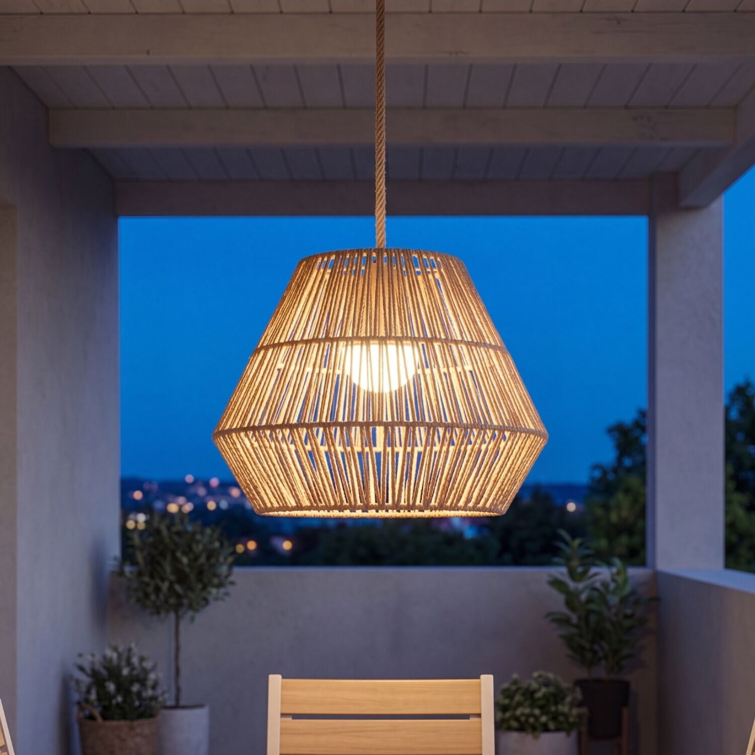 hängende lampe, gewebte lampenschirm, holz-pendant, außenbeleuchtung, warme Beleuchtung