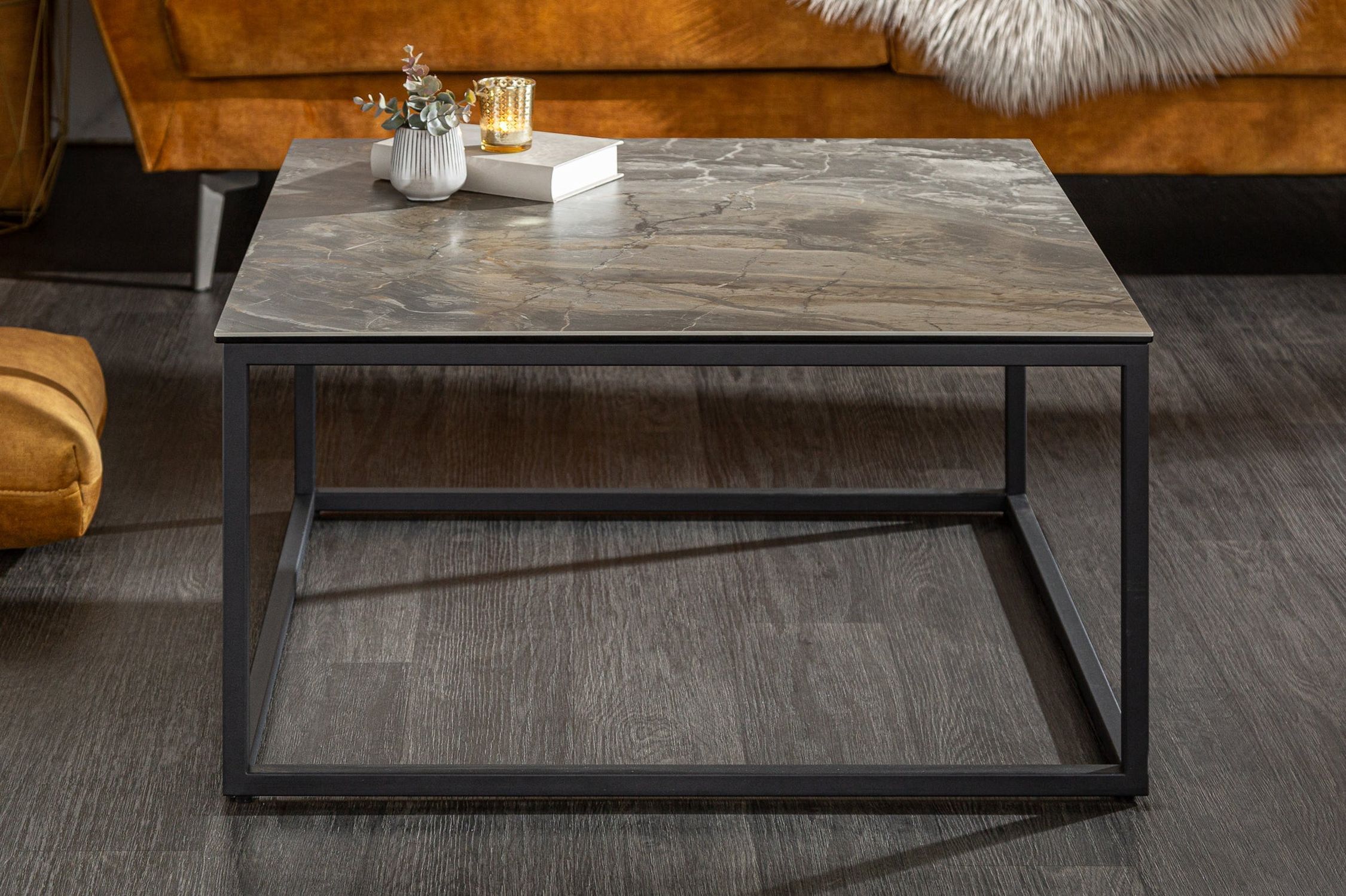 Table basse en céramique aspect marbre noir 75x75cm (LxlxH)