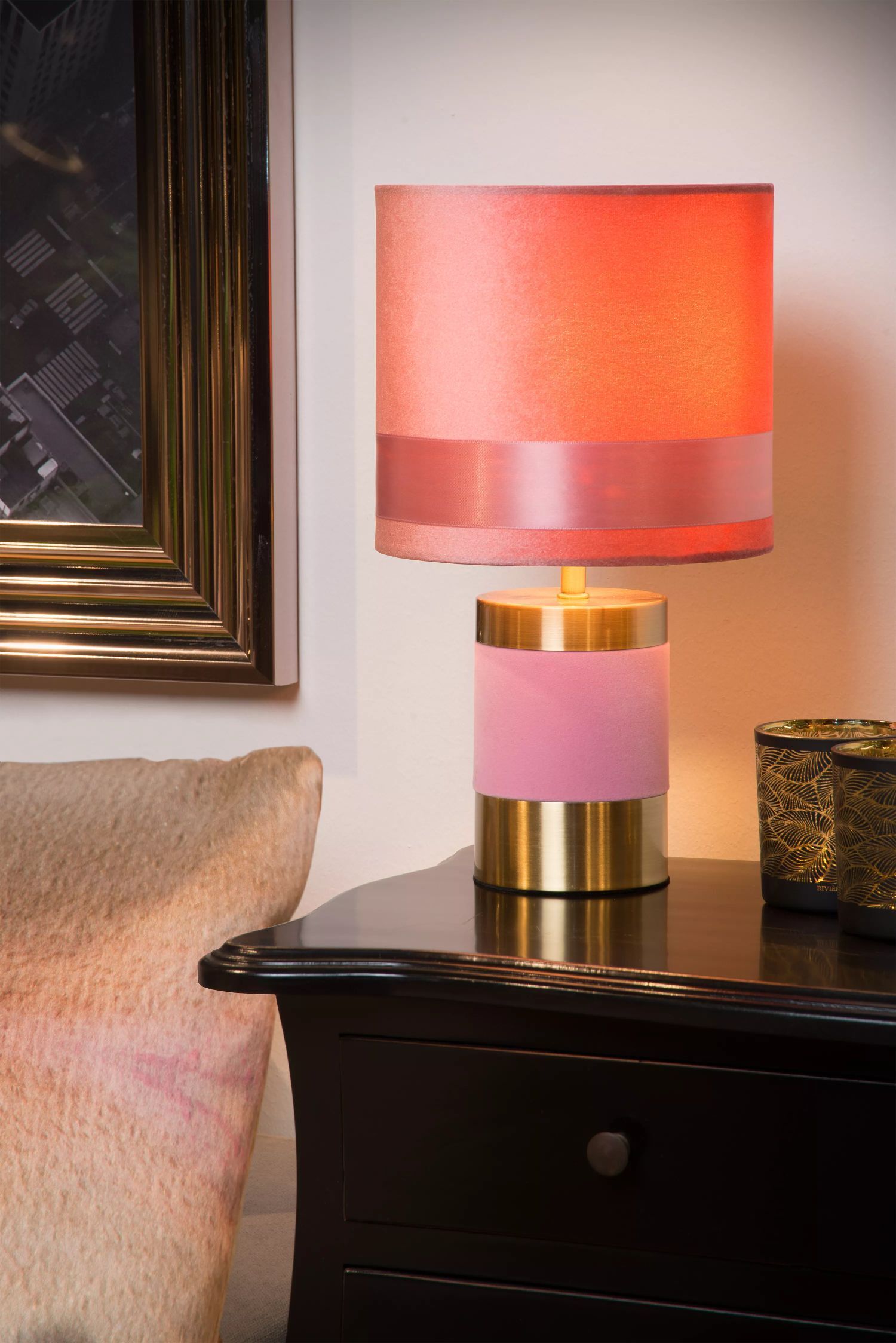 Tischleuchte Stoff Metall Pink 32 cm klein E14 Vintage Lampe, Tischlampe