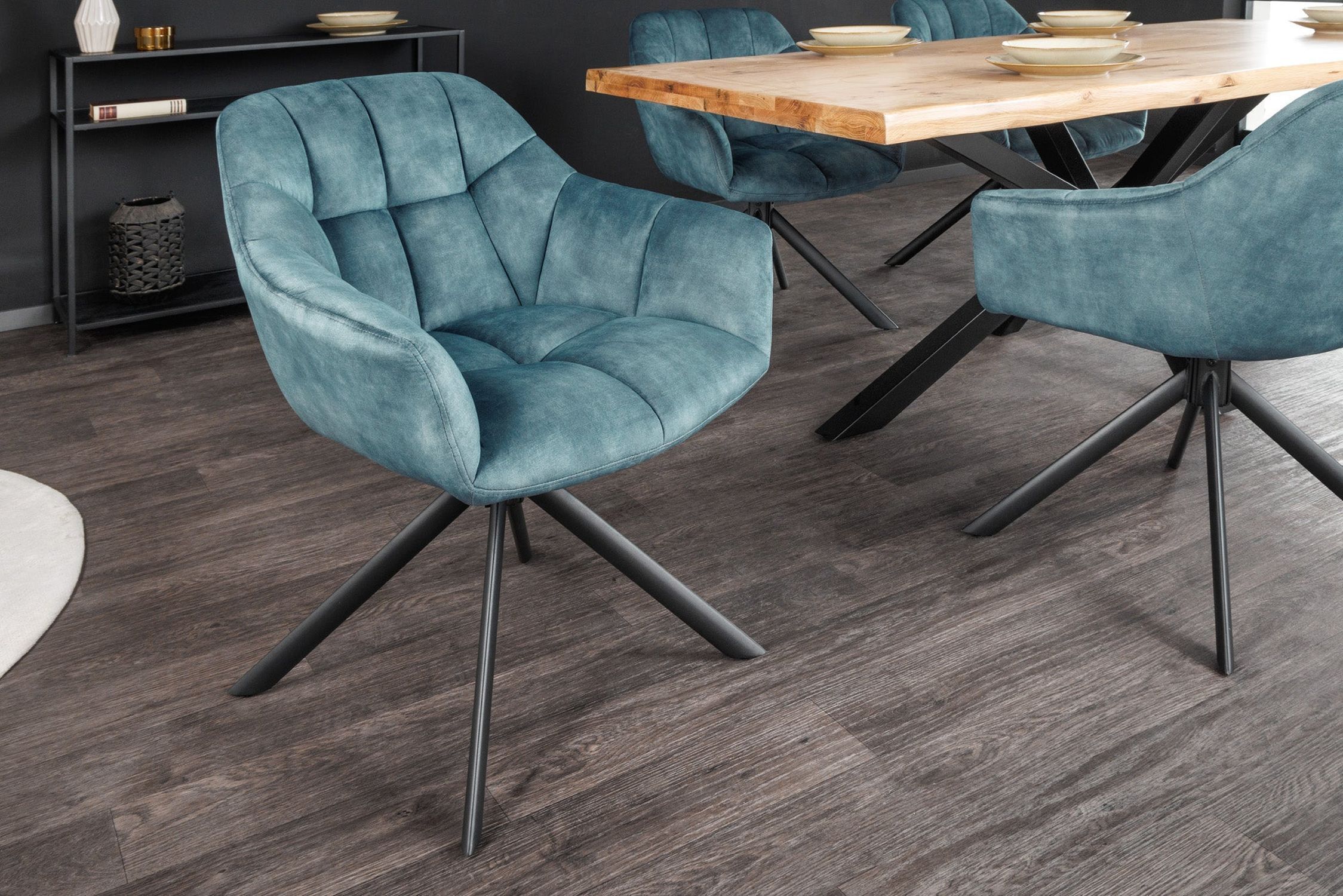 Drehstuhl Petrol Schwarz ohne Rollen aus Samt Metall Retro Fußboden, Mobiliar, Stuhl, Bodenbeläge, Holz