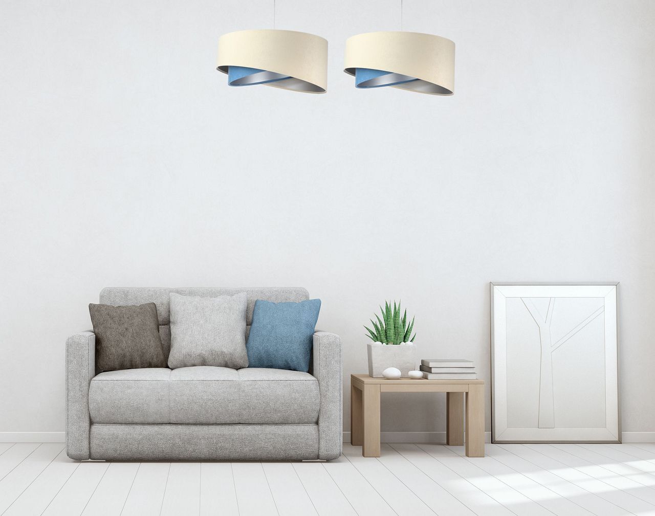 Lampe à suspendre ronde D : 50 cm Tissu Crème Bleu Argent E27 Moderne