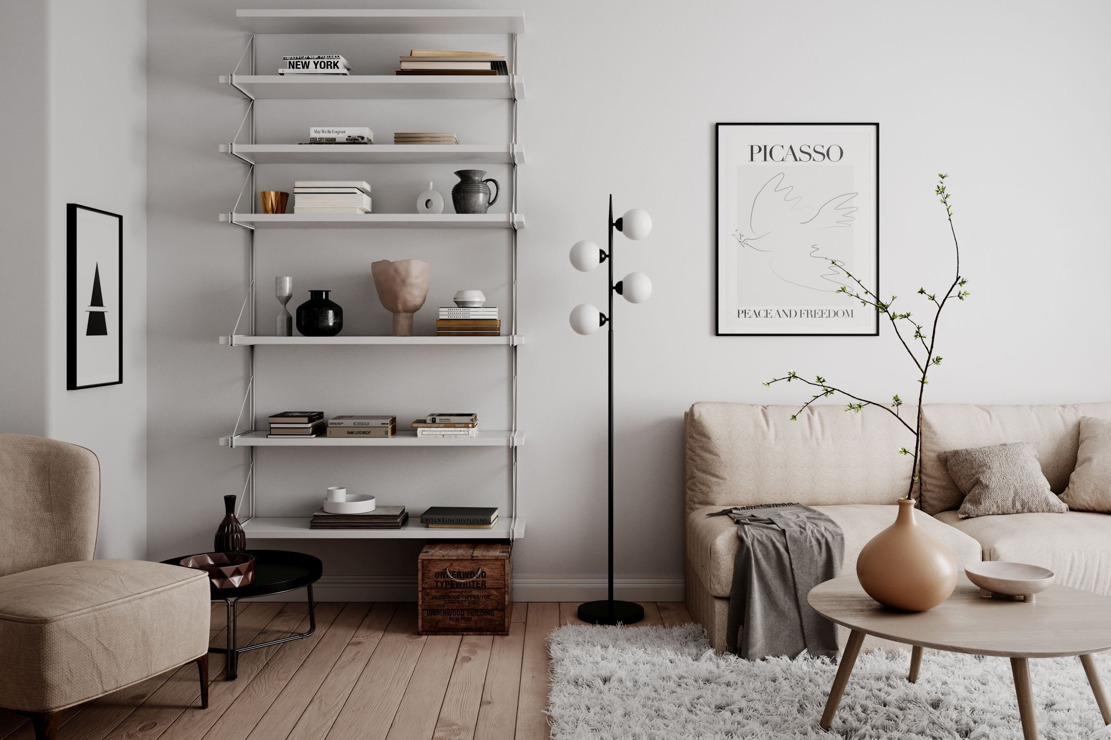 wohnzimmer, regal, sessel, teppich, vase