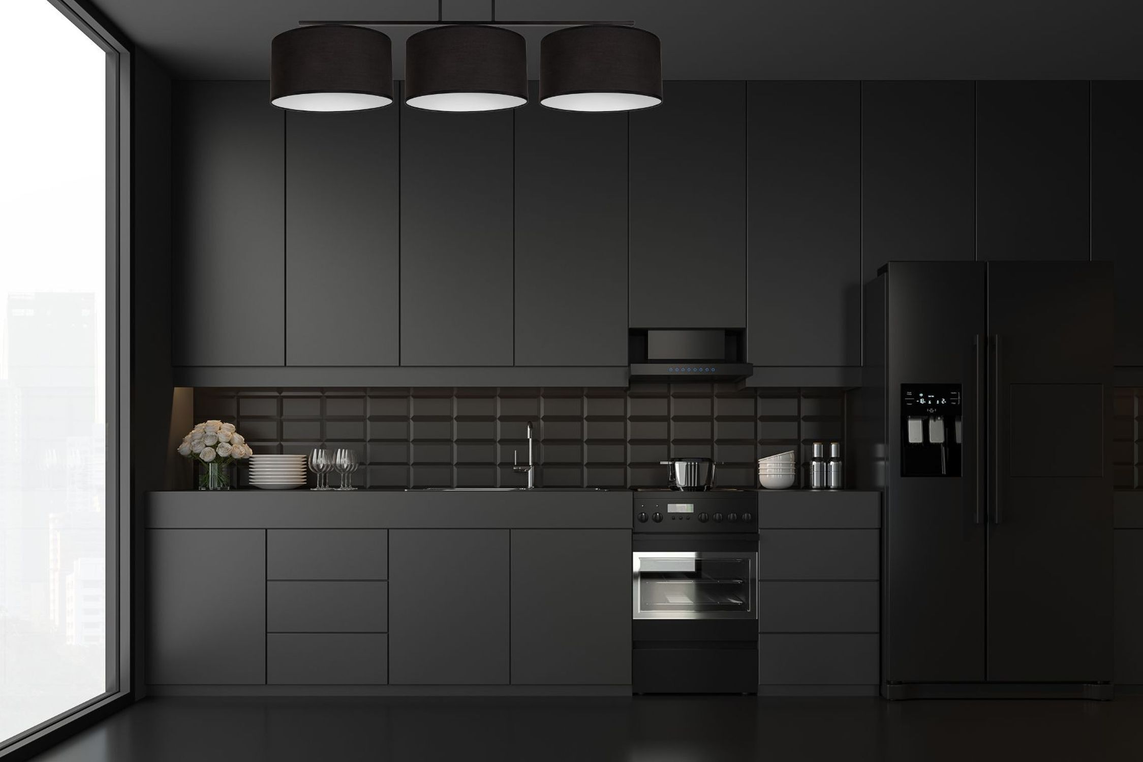 Blendarme Deckenlampe Stoff Schwarz Weiß E27 3-flammig Drinnen, Innenarchitektur, Küche, Elektrisches Gerät, Kühlschrank