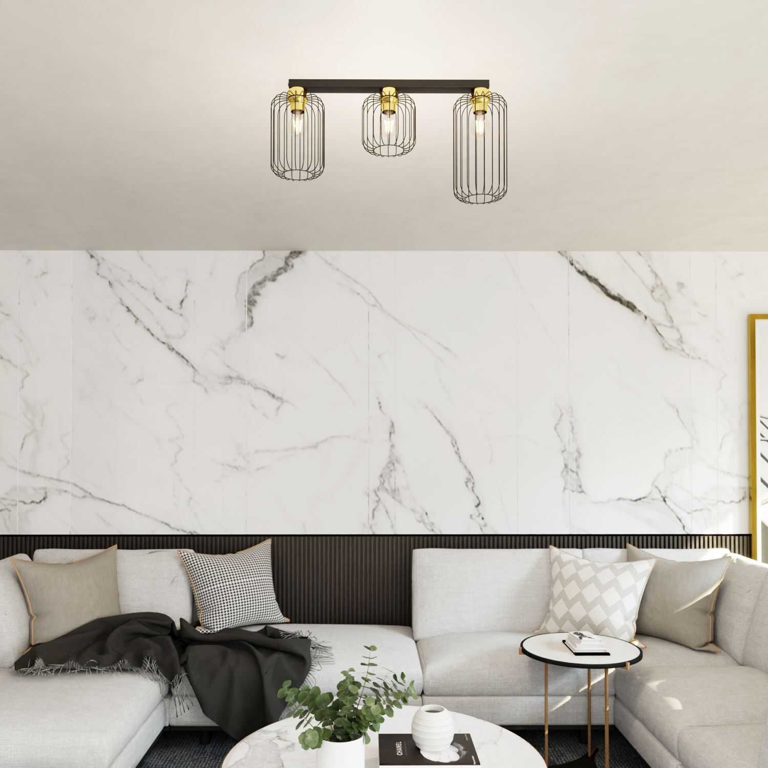 Längliche Deckenlampe Metall E27 stilvoll Schwarz Gold Innenarchitektur, Wohnzimmer, Couch, Dekoration für Zuhause, Pflanze