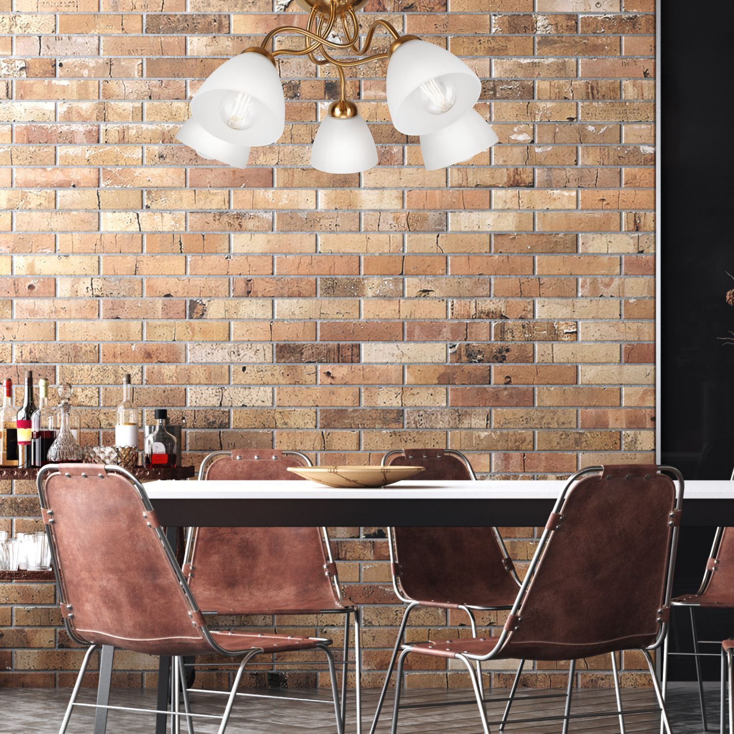 Küche, Esszimmer, Backsteinwand, Hängelampe, Stühle aus Leder